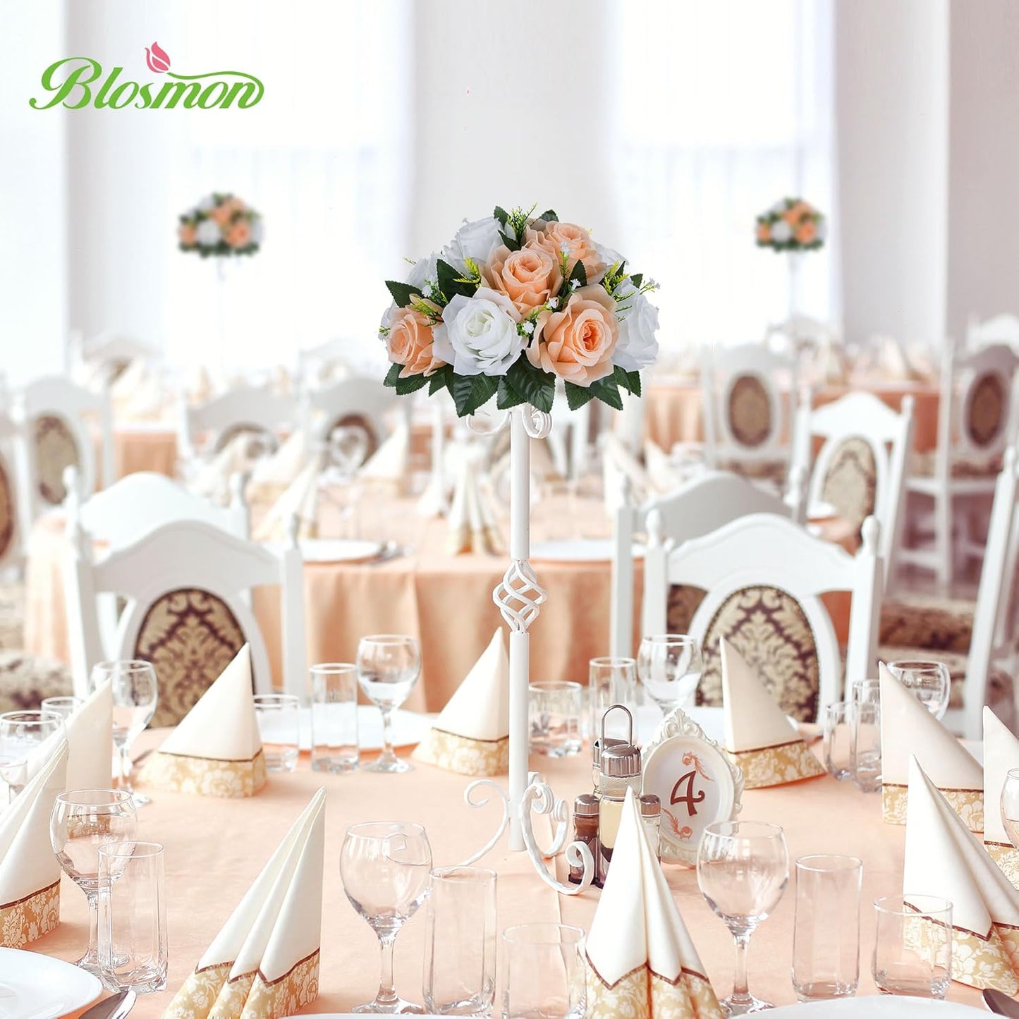 BLOSMON Flower Balls for Wedding Centerpieces: 10pcs Peach Fuzz 9.5 Inch Fake Rose Kissing Ball Decor Artificial Floral Arrangements Silk Bouquet with Base Home Party Room Table DIY Decorations