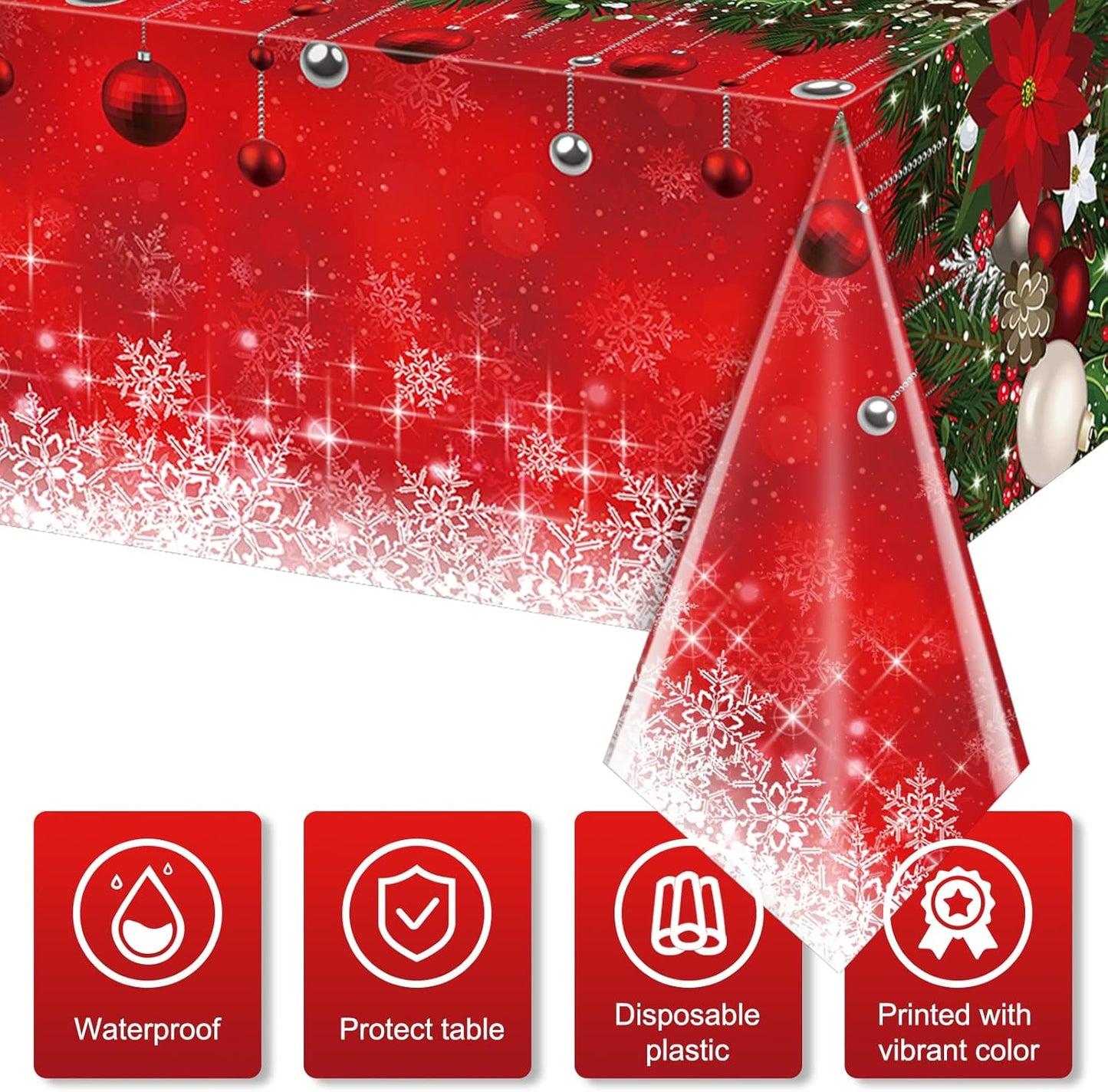 12Pieces Merry Christmas Tablecloth Plastic Christmas Tree Ball Table Cover Rectangle Winter Snowflake Tablecloth for Merry Christmas Holiday New Year Eve Party Decorations Supplies,54x108inch