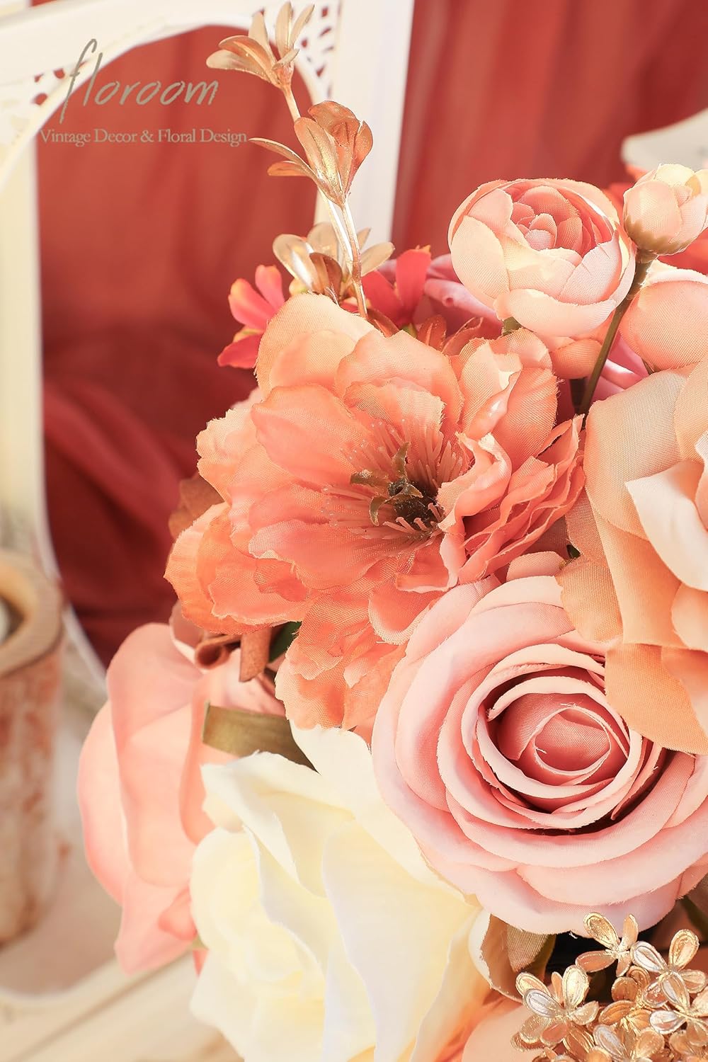 Floroom Terracotta Artificial Flowers Burnt Orange Fake Roses Dahlias and Greenery Combo Box Set for DIY Wedding Bouquets Bridal Shower Centerpieces Floral Arrangements Party Tables Home Decorations