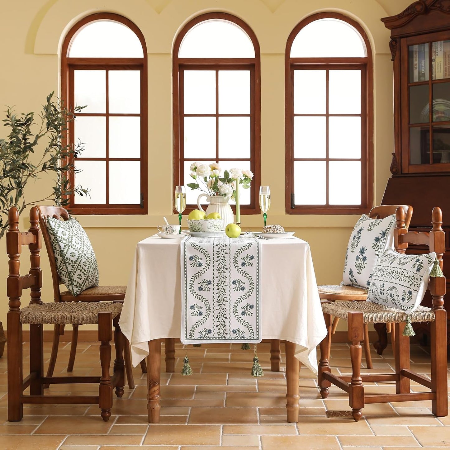 ISAENNE Designer White Elegant Linen Table Runner 102 Inches Long,Chinoiserie Floral Decor Durable Table Runners for Dining Tables,Thanksgiving,Kitchen Tables,Christmas,12"*102"-Mosella D