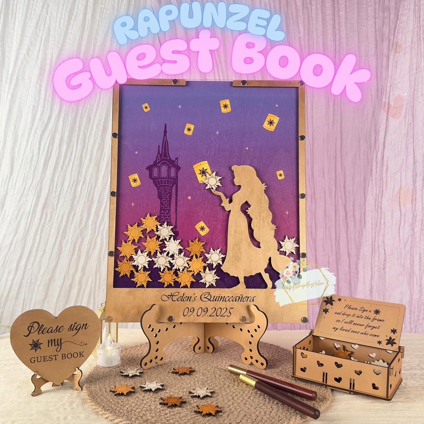 Princess Guest Book Alternative | Quinceañera Sweet XV Wooden Dropbox Frame with Lantern Tokens | Personalized Fairytale Guestbook Keepsake