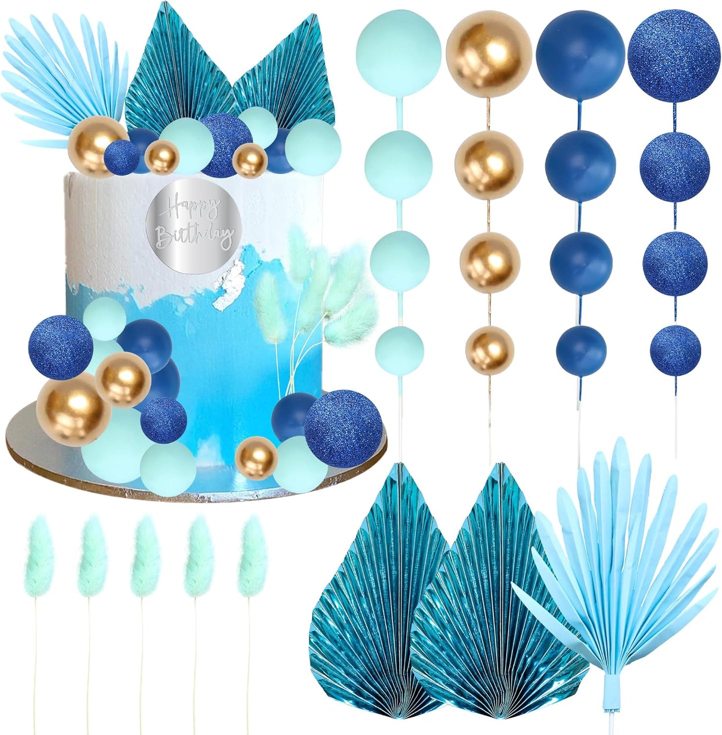 Ephlyn 33 Pack Balls Cake Toppers Boho Palm Leaves Cake Decorations Round Acrylic Happy Birthday Cupcake Toppers for Birthday Wedding Baby Shower Party Supplies Blue