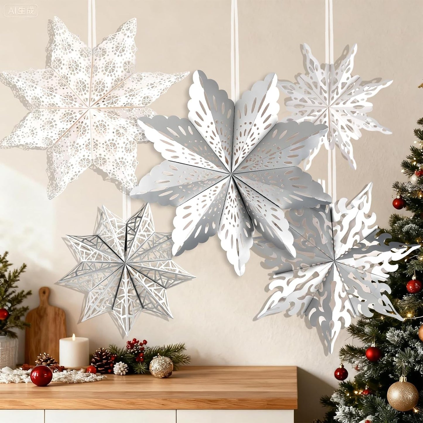 5 Pcs Christmas Paper Snowflake Lanterns, Large 3D Christmas Paper Star Lanterns with LED Lights, White Silver Hanging Snowflake Lamps for Xmas Winter Frozen Weddings Holiday Party Decorations
