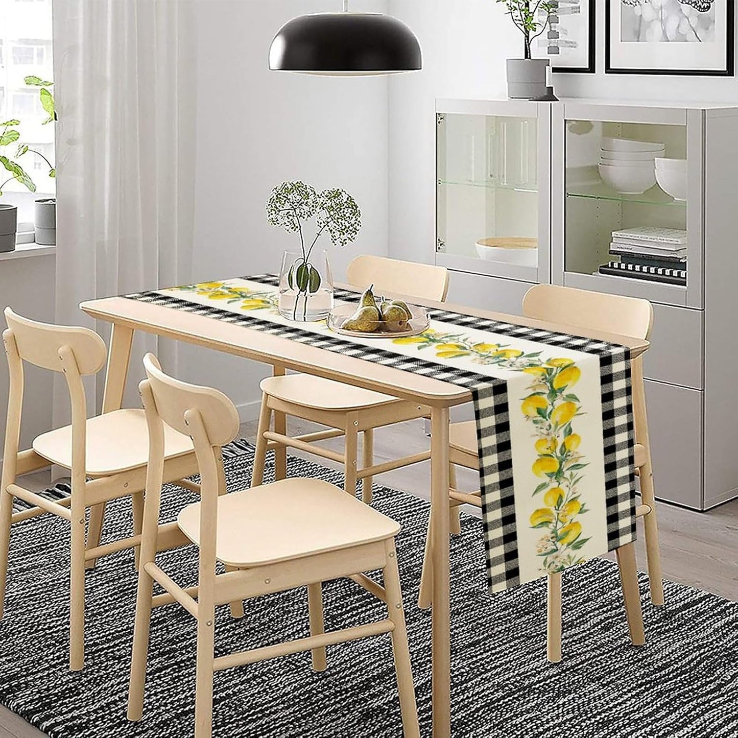 Lemon Table Runner,Black Buffalo Plaid Lemon Table Runner Farmhouse Style Spring Summer Home Kitchen Dinding Room Table Decoration 13x90 Inch