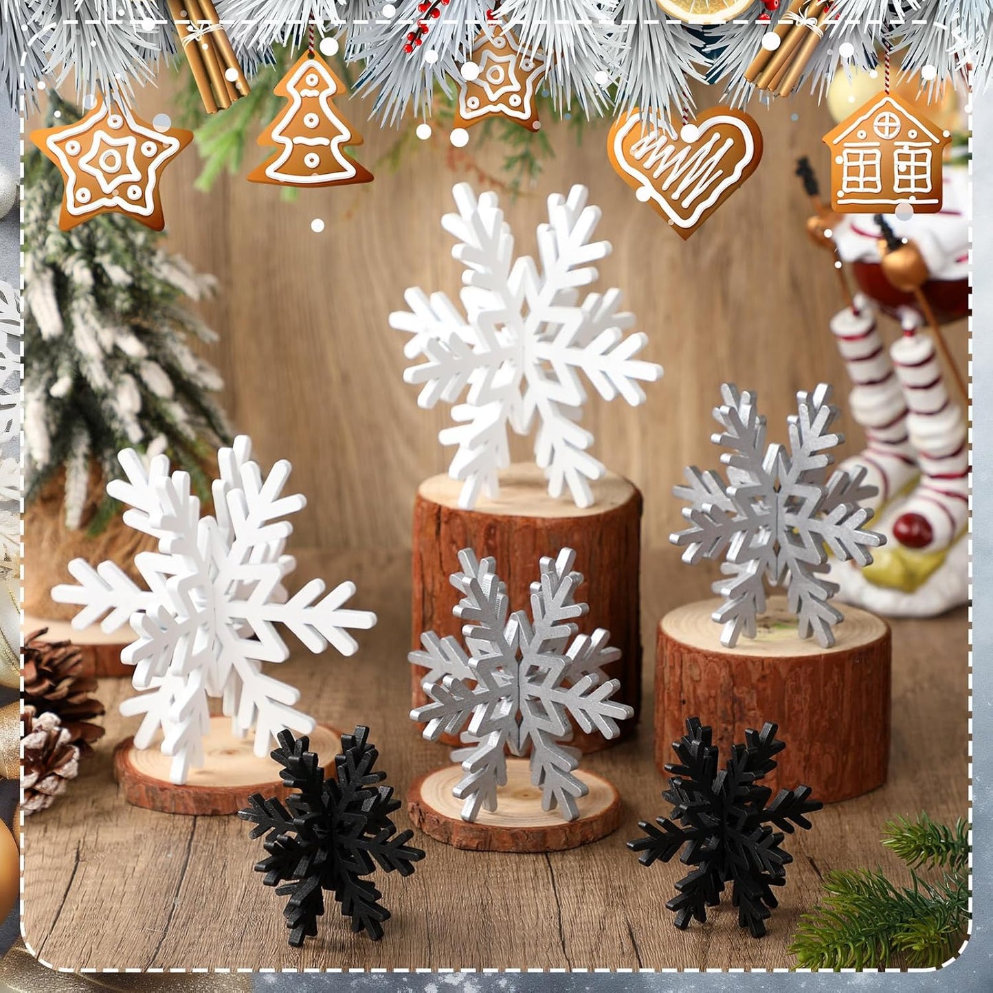 Bucherry 12 Pcs Wooden Snowflake Table Decor 3D Snowflake Tabletop Signs and Centerpiece for Christmas Xmas Winter Wonderland Decorations Home Party(White, Gray, Black)
