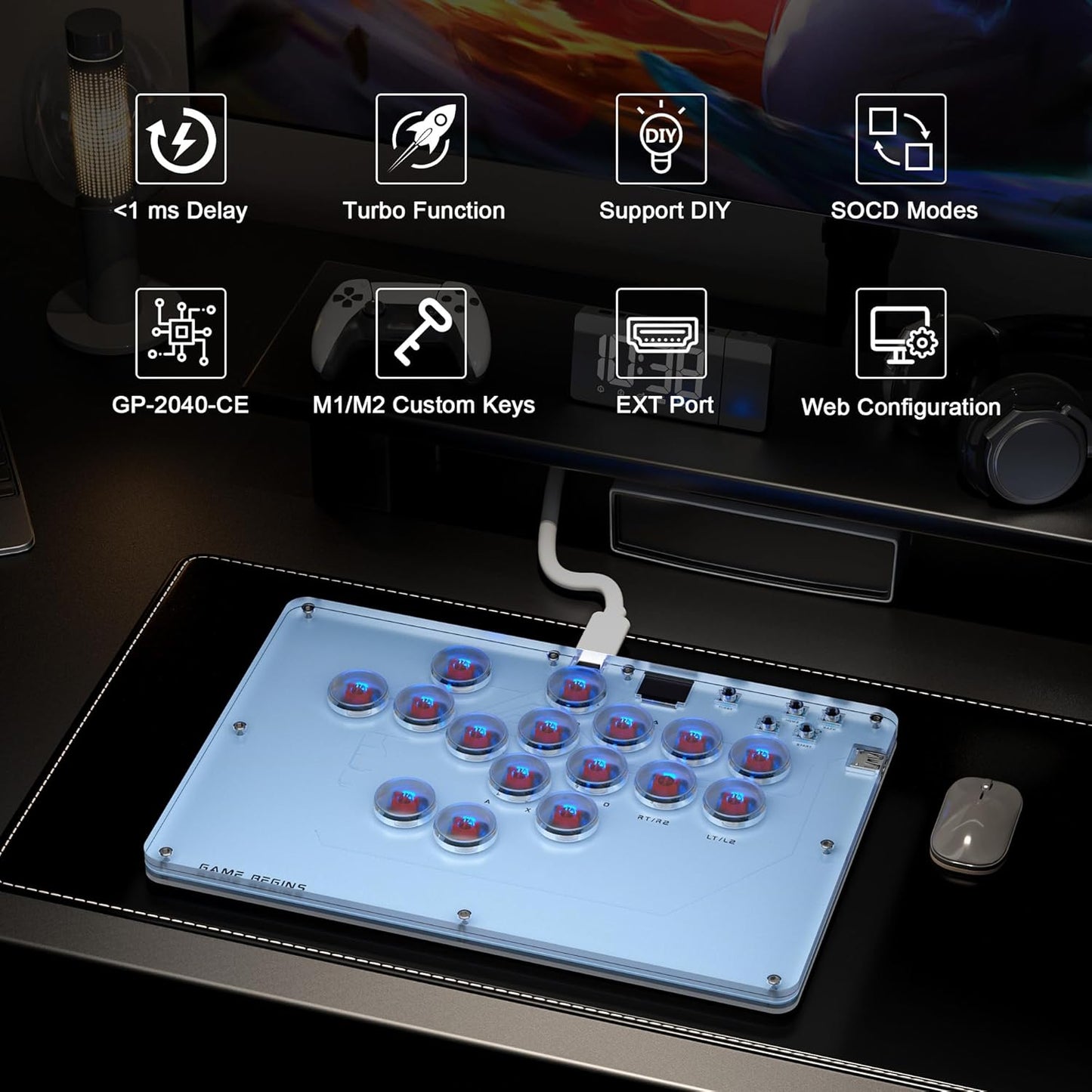 ARCCI Arcade Stick Leverkless Controller 16 Keys, All-Buttom Custom RGB Fight Stick Pad with Hot-swap Low-Profile Red Switch, SOCD & Turbo Functions, Arcade Fighting Stick for PC/Ps3/Ps4/Steam/Switch