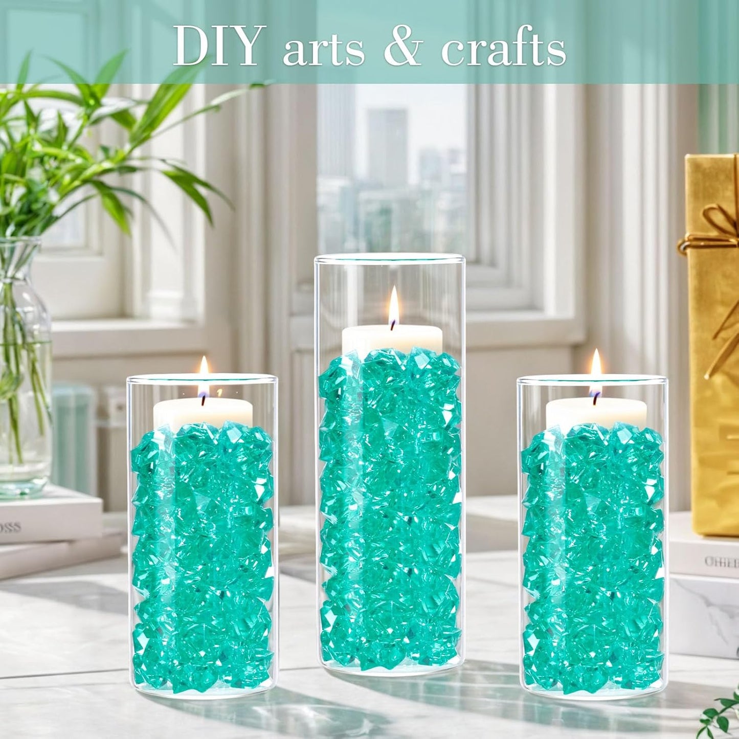 DomeStar Teal Fake Ice Rocks, 150PCS Acrylic Gems Crystals Plastic Shamrock Diamonds Centerpiece for Vase Fillers DIY Craft Wedding Party Table Scatter Decorations