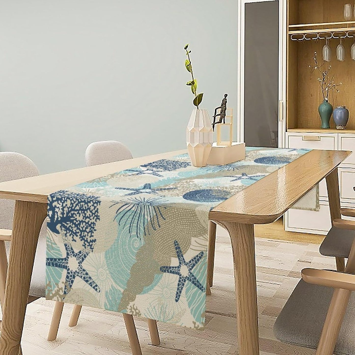 Nautical Coastal Table Runner，Ocean Themed Starfish Coral Conch Beach Kitchen Dinning Table Decoration for Indoor Outdoor Home Party Decor 13x120 Inch