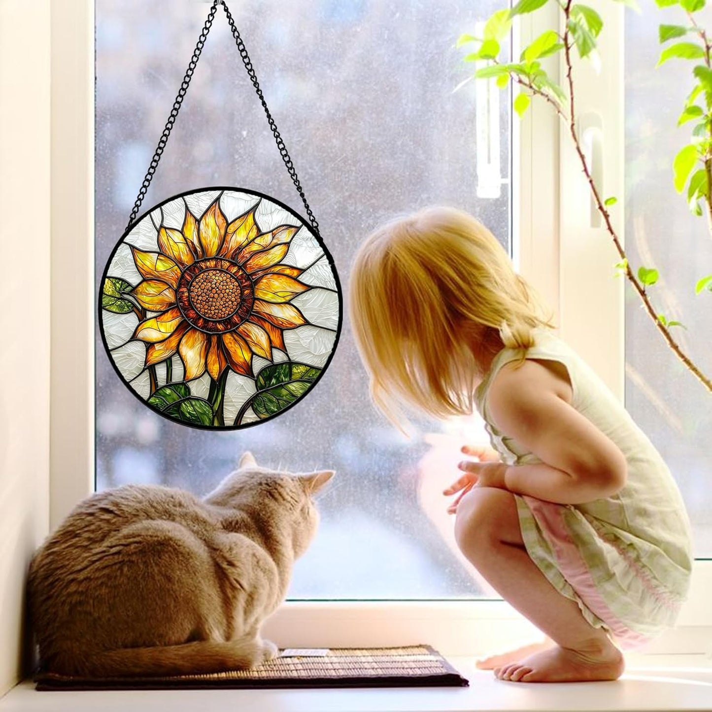 Stained Glass Window Hanging - Sunflower Flower Suncatcher Ready to Hang Window Doors Home Decoration and Christmas, Mother's Day Birthday Gifts for Women, Men, and Mom 9.8x9.8 in