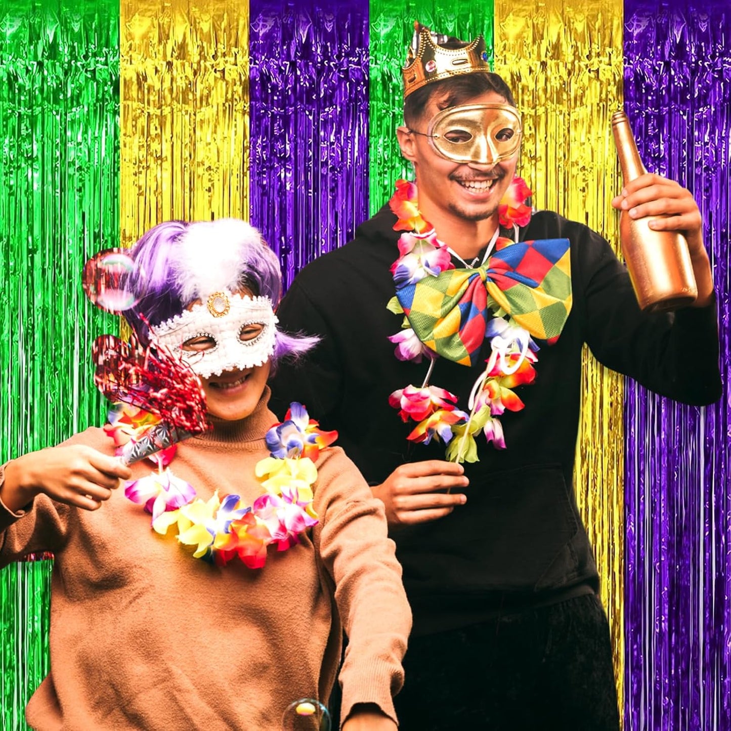 3 Pack Gold Green Purple Foil Fringe Curtain Backdrop, 3.28Ft x 8.2Ft Metallic Tinsel Foil Fringe Streamer Curtains for Photo Booth, Mother's Day, Easter, Birthday, Wedding Party Decorations