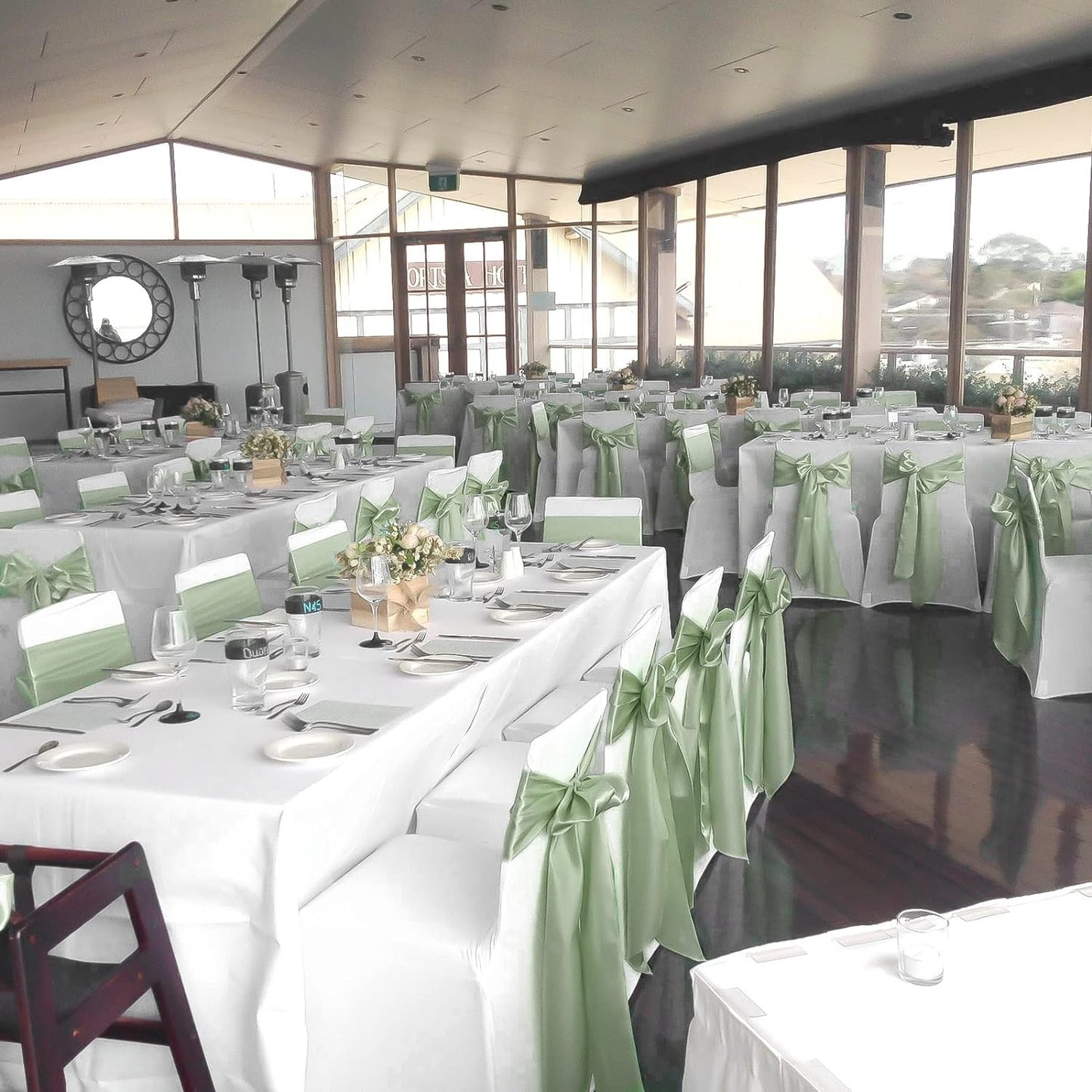 fani 60 PCS Sage Green Satin Chair Sashes Bows Universal Chair Cover for Wedding Reception Restaurant Event Decoration Banquet,Party,Hotel Event Decorations (7 x 108 inch)