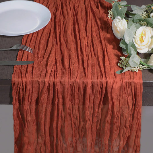 Snowkingdom 10 Ft Fall Table Runner Terracotta Cheesecloth, 120 inch Long Rust Burnt Orange Cheese Cloth Boho Gauze for Wedding Bridal Shower Rustic Sheer Thanksgiving Table Decorations