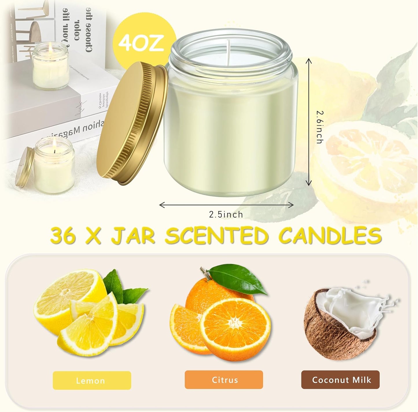 ACITHGL 36 Pcs 4oz Mini Mason Jar Candles Small Scented Candles Bulk Aromatherapy Ideal Souvenir Favors for Wedding Birthday Party (Lemon, Citrus, Coconut Milk, Gold)