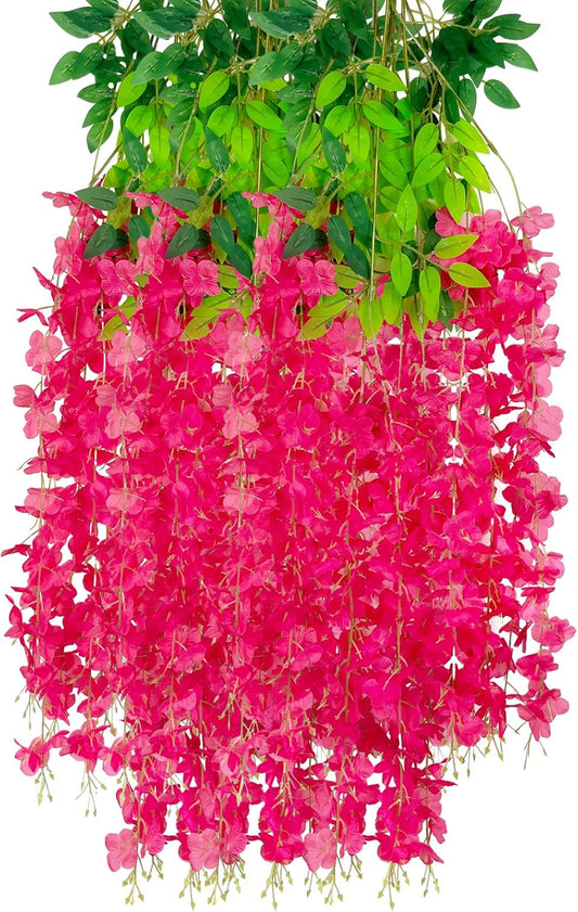 12 Pack Fuchsia Wisteria Hanging Flowers Garland, 3.77 Feet Artificial Flower Vines, Fake Wisteria, Artificial Vines Hanging Garland for Backdrop Outdoor Yard Garden Decor