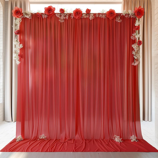 10ft x 10ft Red Backdrop Curtain Drapes, Wrinkle-Free Sheer Chiffon Fabric Photo Backdrop Panels for Wedding Arch Party Ceremony Stage Decoration