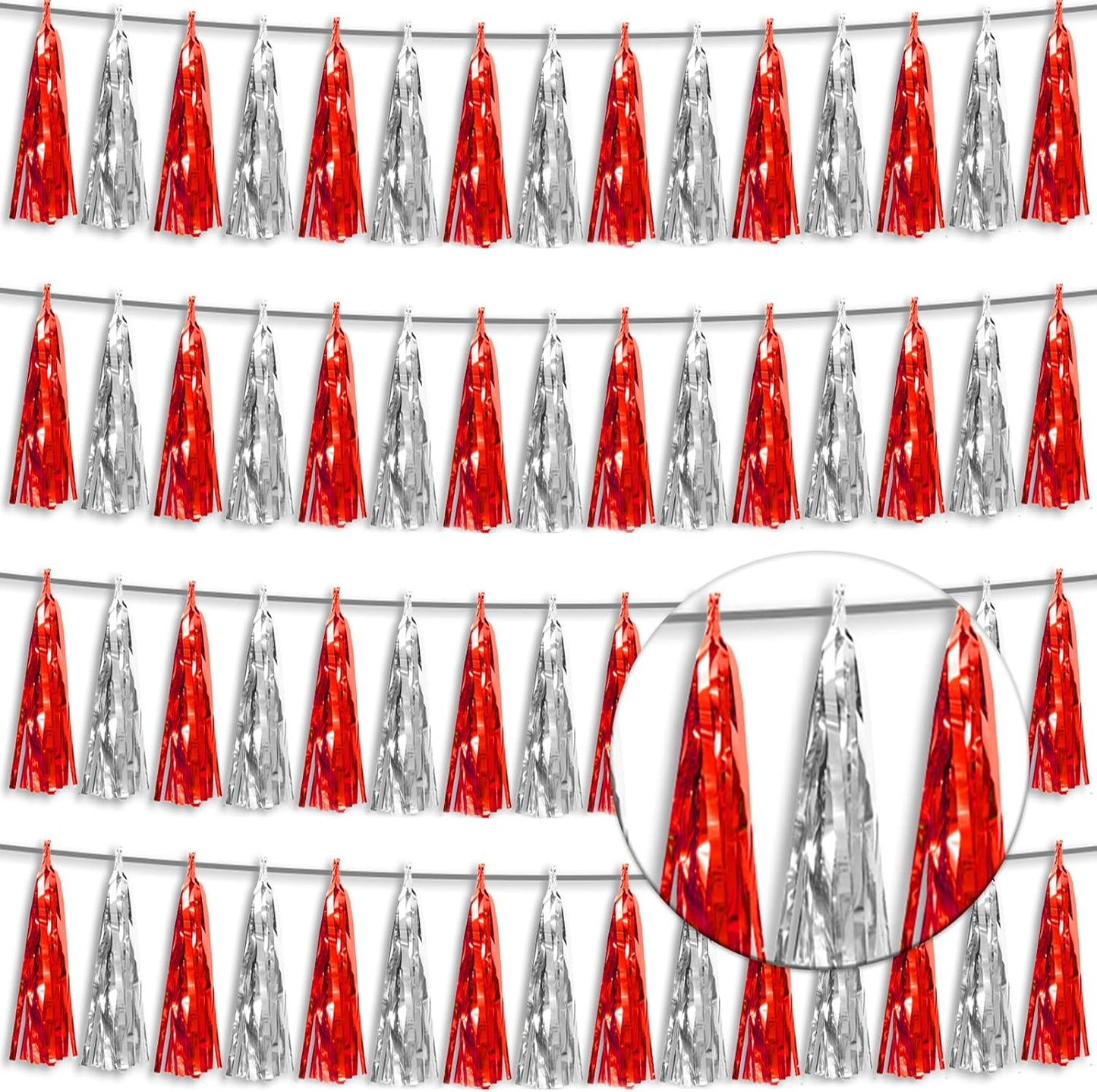 4P Red Silver Foil Fringe Tassel Banner Garland Metallic Tinsel Streamers Wall Hanging Curtain Backdrop Banner for Parade Floats, 2024 Graduation Decorations, Father's Day, Wedding Party Decoration
