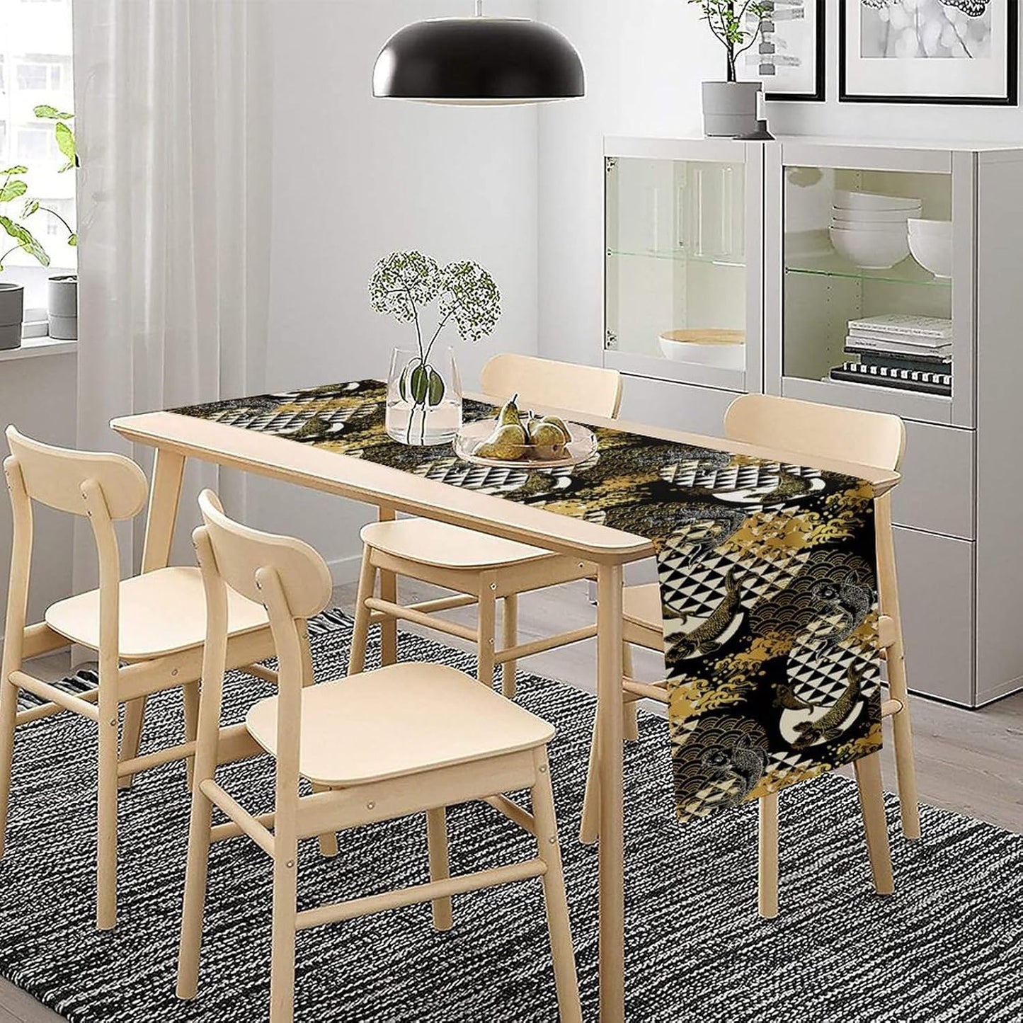 Japanese Table Runner Oriental Tradition Kio Fish Gold Art Printed Burlap Runner Home Kitchen Dining Table Living Room Decor Fabric 1 Panel W13xL60in