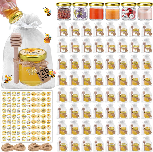 Aliggbent 126 Pack Mini Honey Jars for Party Favors in Bulk, 1.5 oz Small Round Glass Honey Jars with Dippers, Lids, Cute Stickers, Bee Charms, Bags and Jute for Baby Showers, Weddings & Birthdays