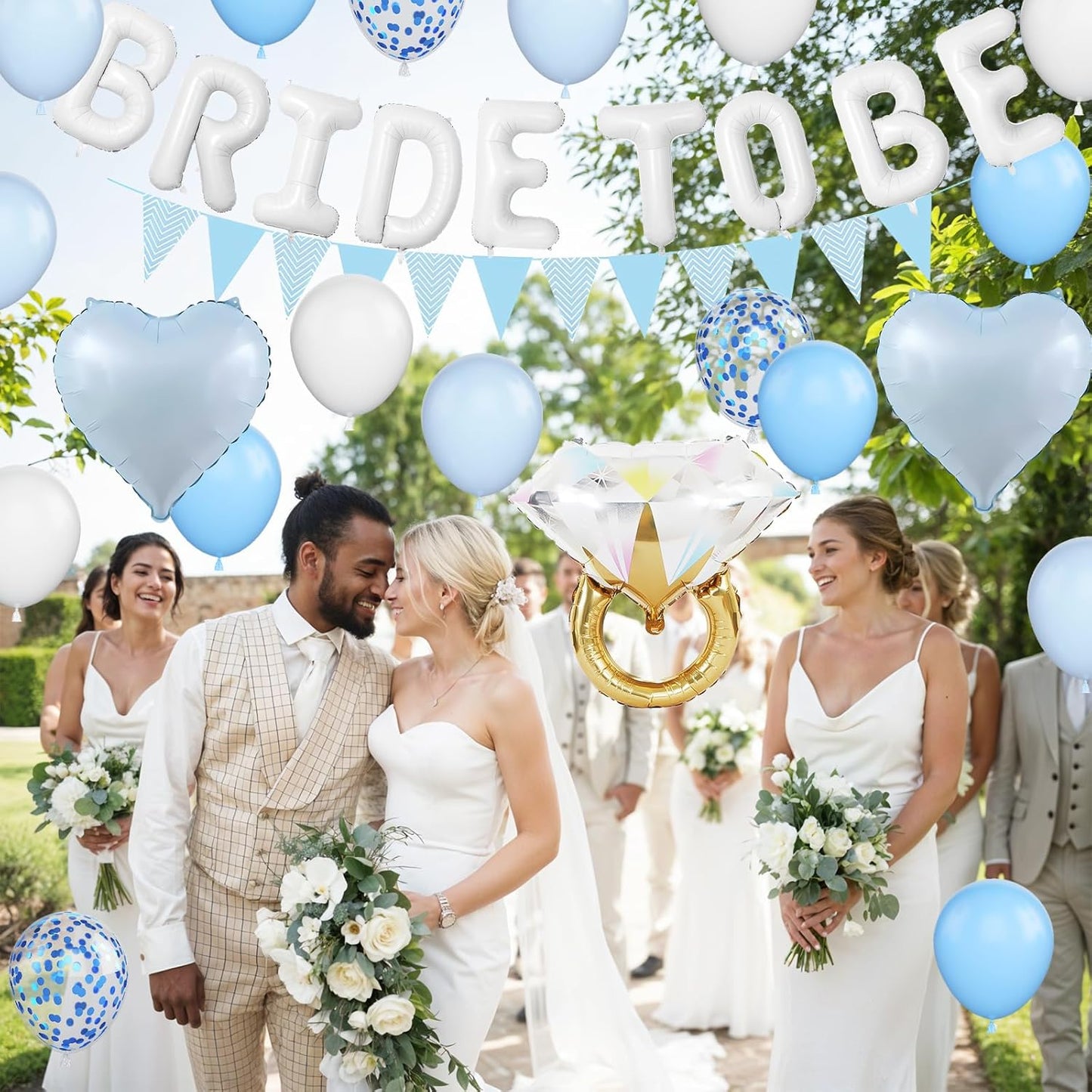 Blue White Bachelorette Party Decorations, White Bride To Be Bridal Shower Balloons Decorations, Blue Confetti Balloons with Diamond Ring Baby Blue Heart Balloon for Bachelorette Engagement Wedding