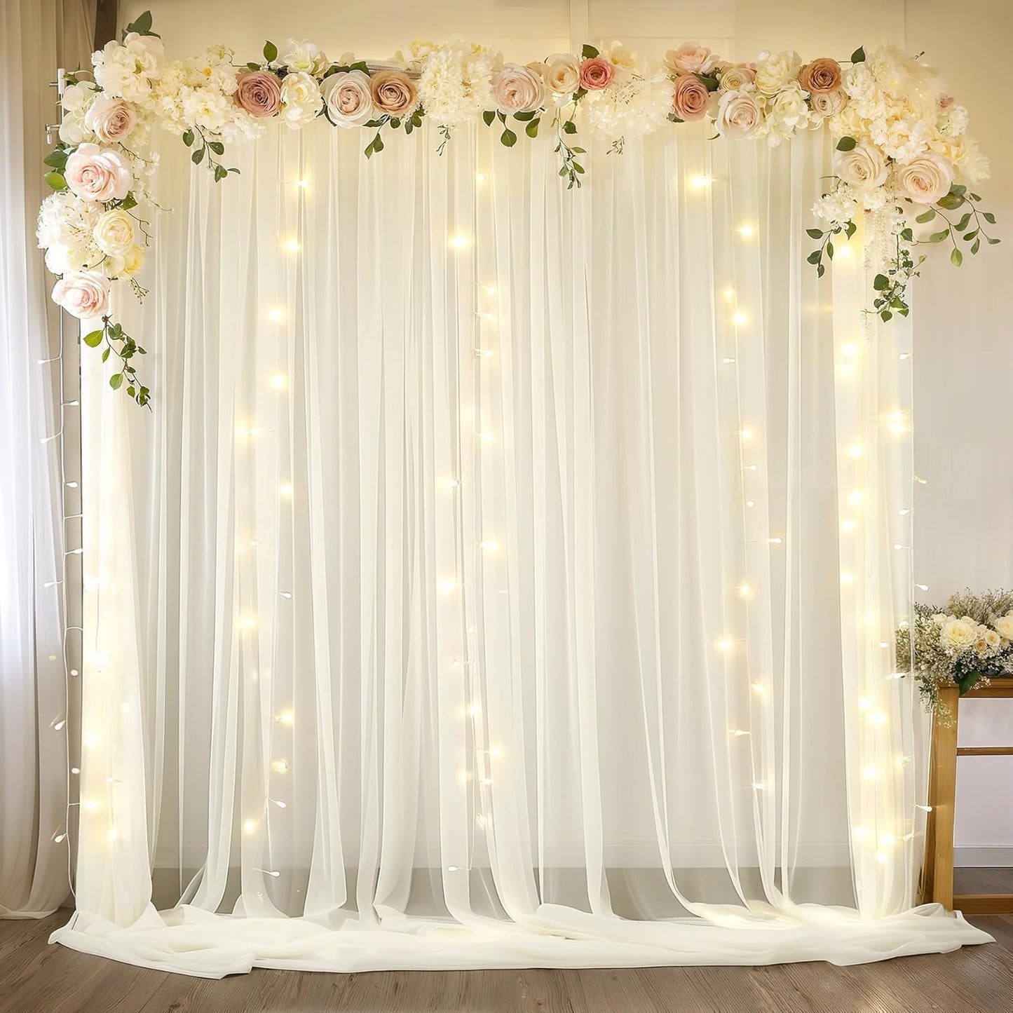 10ft x 10ft Ivory Backdrop Curtain Drapes, Wrinkle-Free Sheer Chiffon Fabric Photo Background Panels for Wedding Arch Party Ceremony Stage Photography Decorations