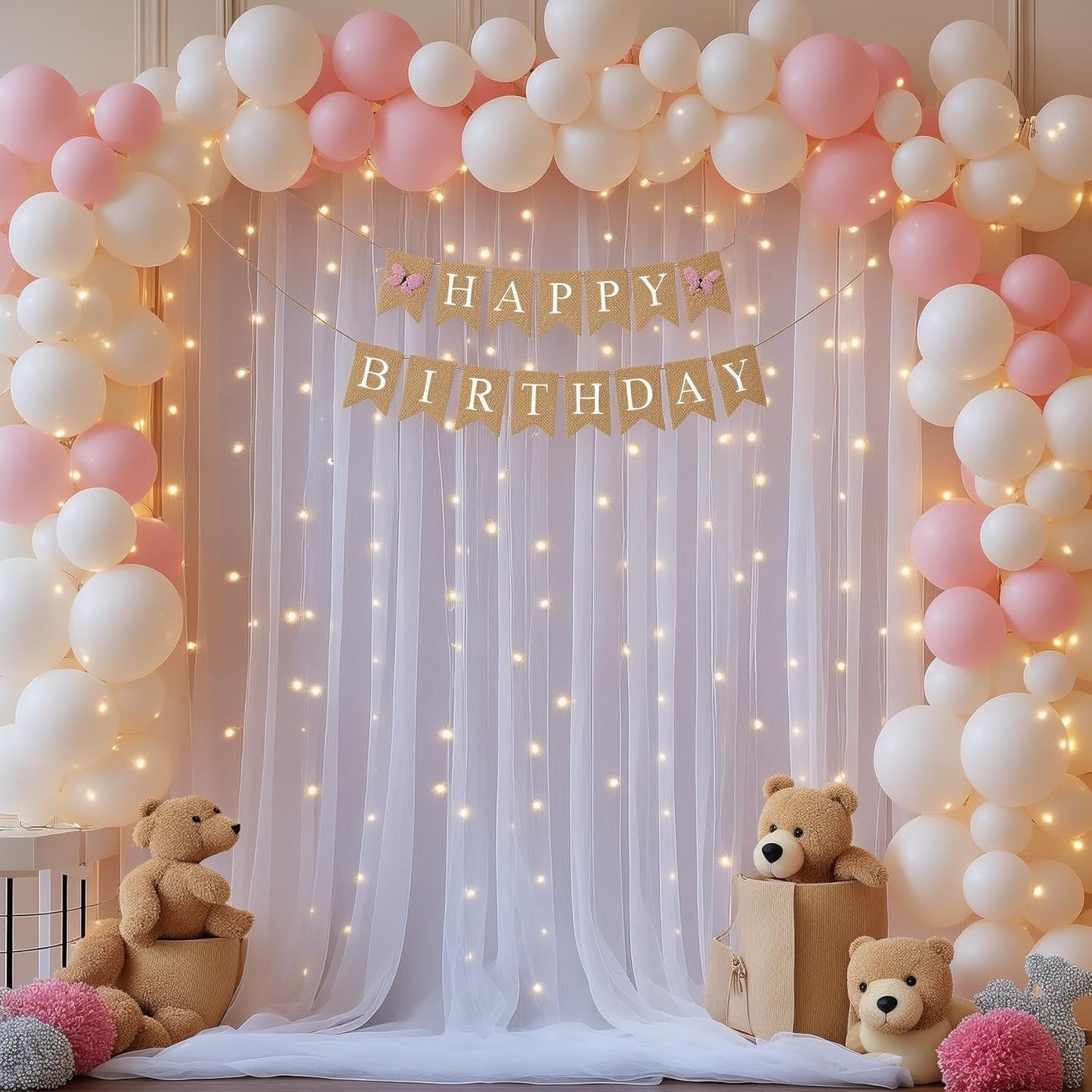 gogoparti 20x8ft White Tulle Backdrop Curtains with Lights for Party Wedding Baby Shower, Sheer Drape Backdrop Curtains for Birthday Party Photo Booth Background Decoration