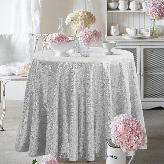 OQSQ Silver 50" Round Sequin Tablecloth, Glitter Tablecloth for Bridal Shower Decorations, Birthday, Wedding, Dessert, Banquet（50X50 inch Round,Silver.