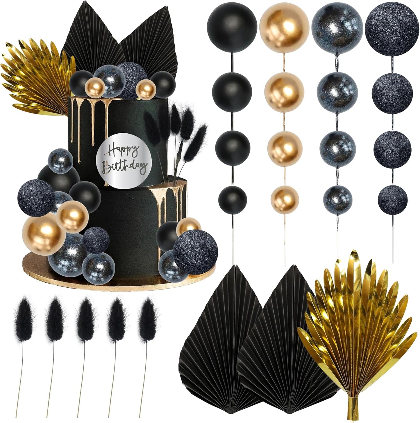 Ephlyn 33 Pack Balls Cake Toppers Boho Palm Leaves Cake Decorations Round Acrylic Happy Birthday Cupcake Toppers for Birthday Wedding Baby Shower Party Supplies Black Gold