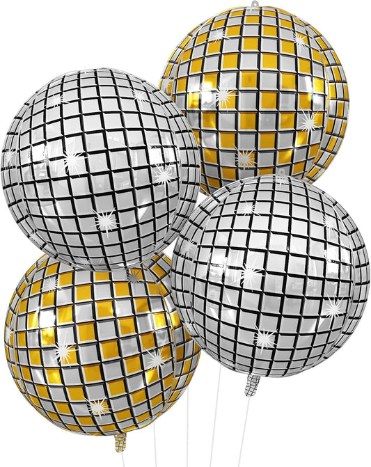 Disco Ball Balloons Gold Silve 4PC,Foil Disco Balloons 22 Inch 4D Round Metallic Gold Silver Balloon for 70s 80s Birthday Bachelorette Graduation Decorations