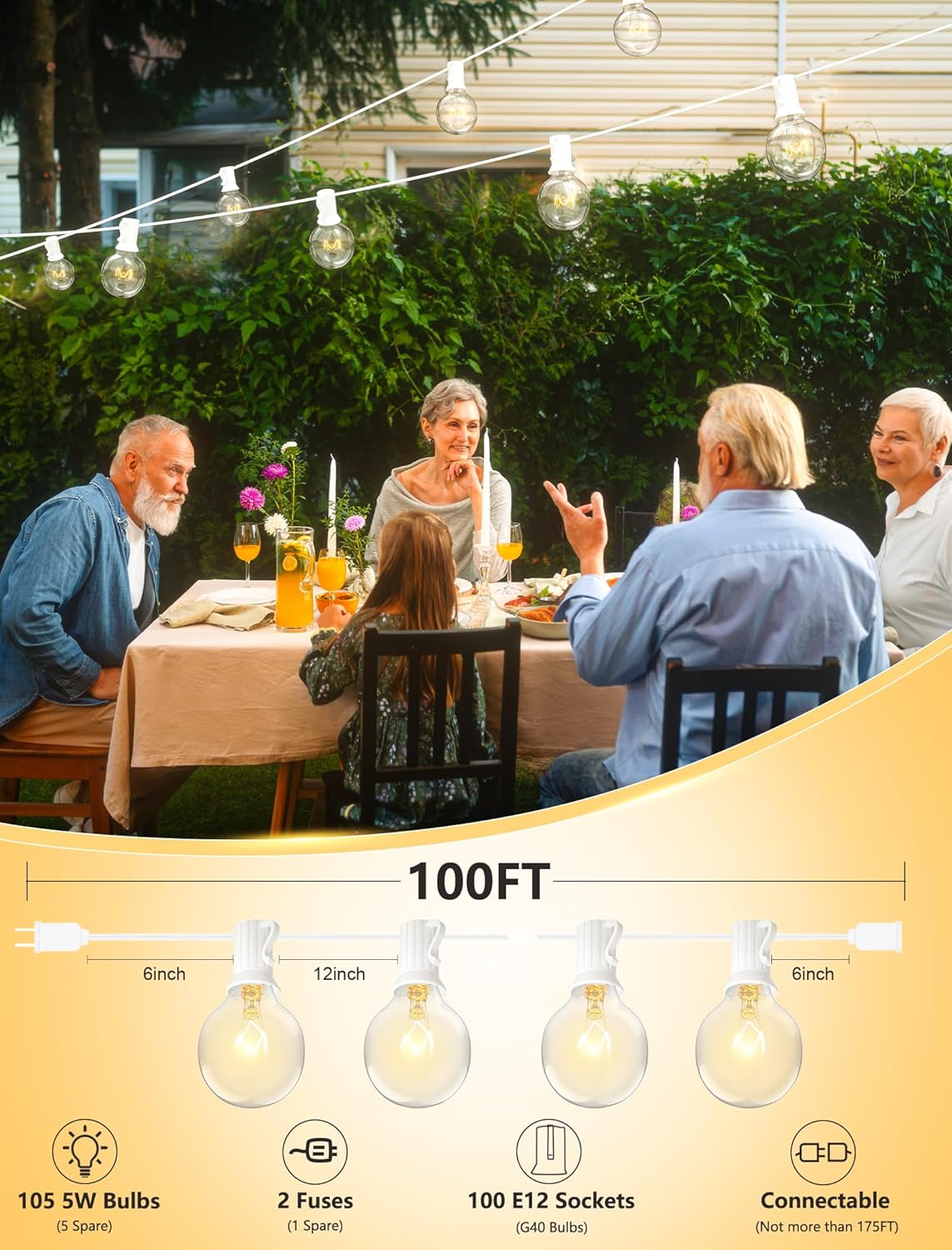 SUNSGNE 100Ft Patio String Lights, G40 Outdoor String Lights with 105 Clear Globe Edison Bulbs(5 Spare), 5 Watt Globe Bulb String Light for Indoor Outdoor Commercial Decor, White Wire