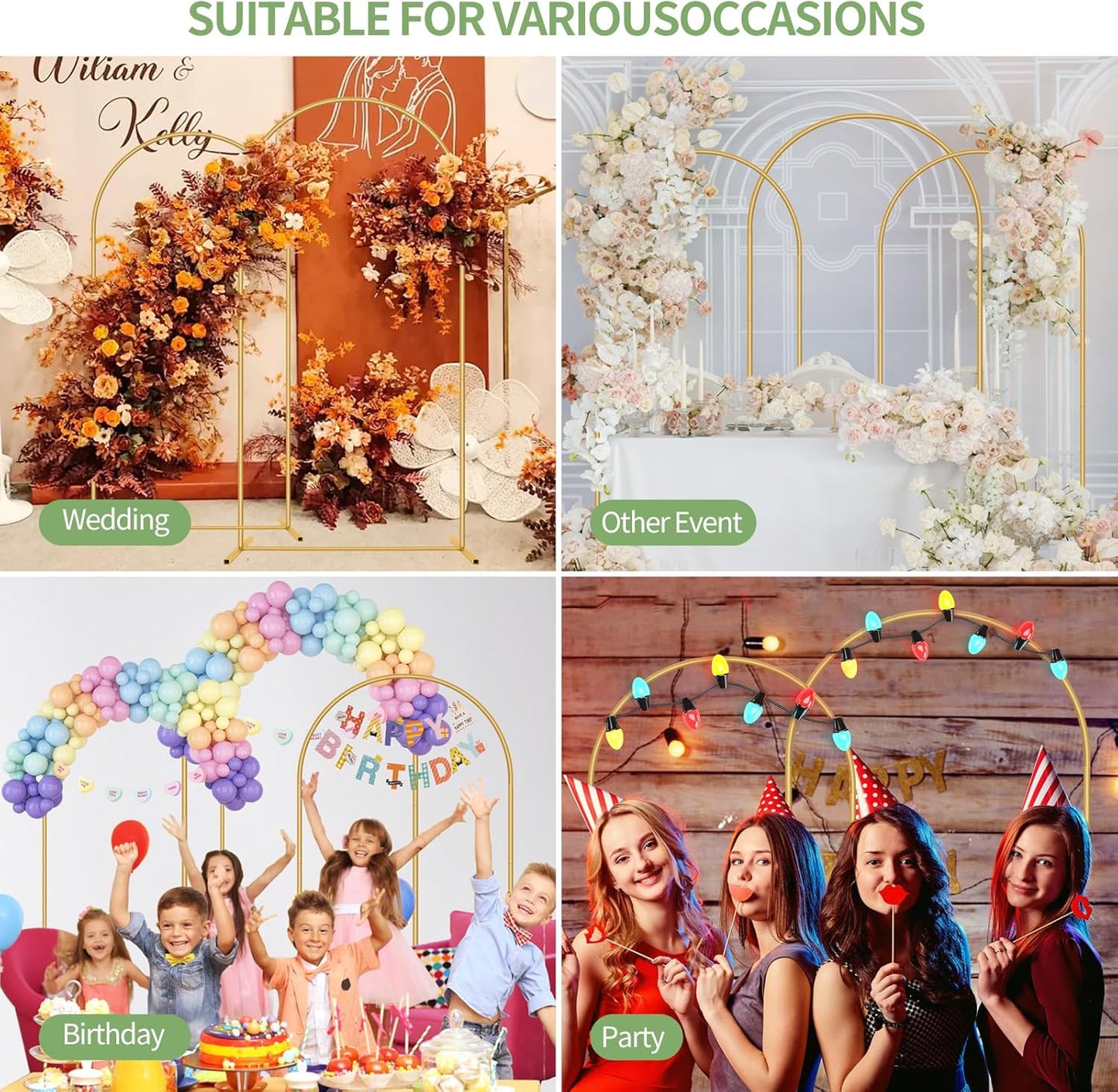 Metal Arch Backdrop Stand 7.2FT+6FT Wedding Arch Backdrop Stand Set of 2 Gold Arch Backdrop Stand for Party Wedding Ceremony Baby Shower Birthday Floral Balloon Decration