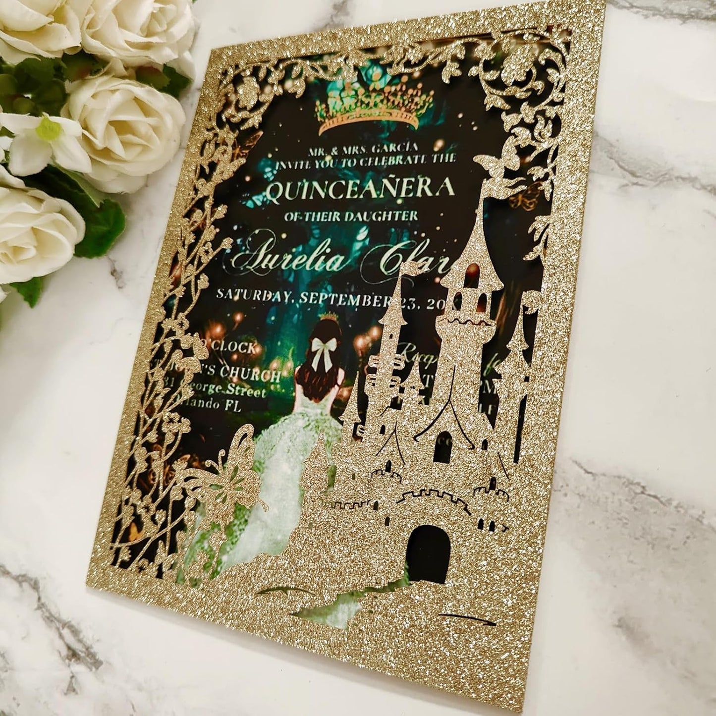 20PCS Castle Pocket Invitations, Quinceanera Invitations with Envelopes, Princess Invitation, Laser Cut quince invites (glitter light gold)