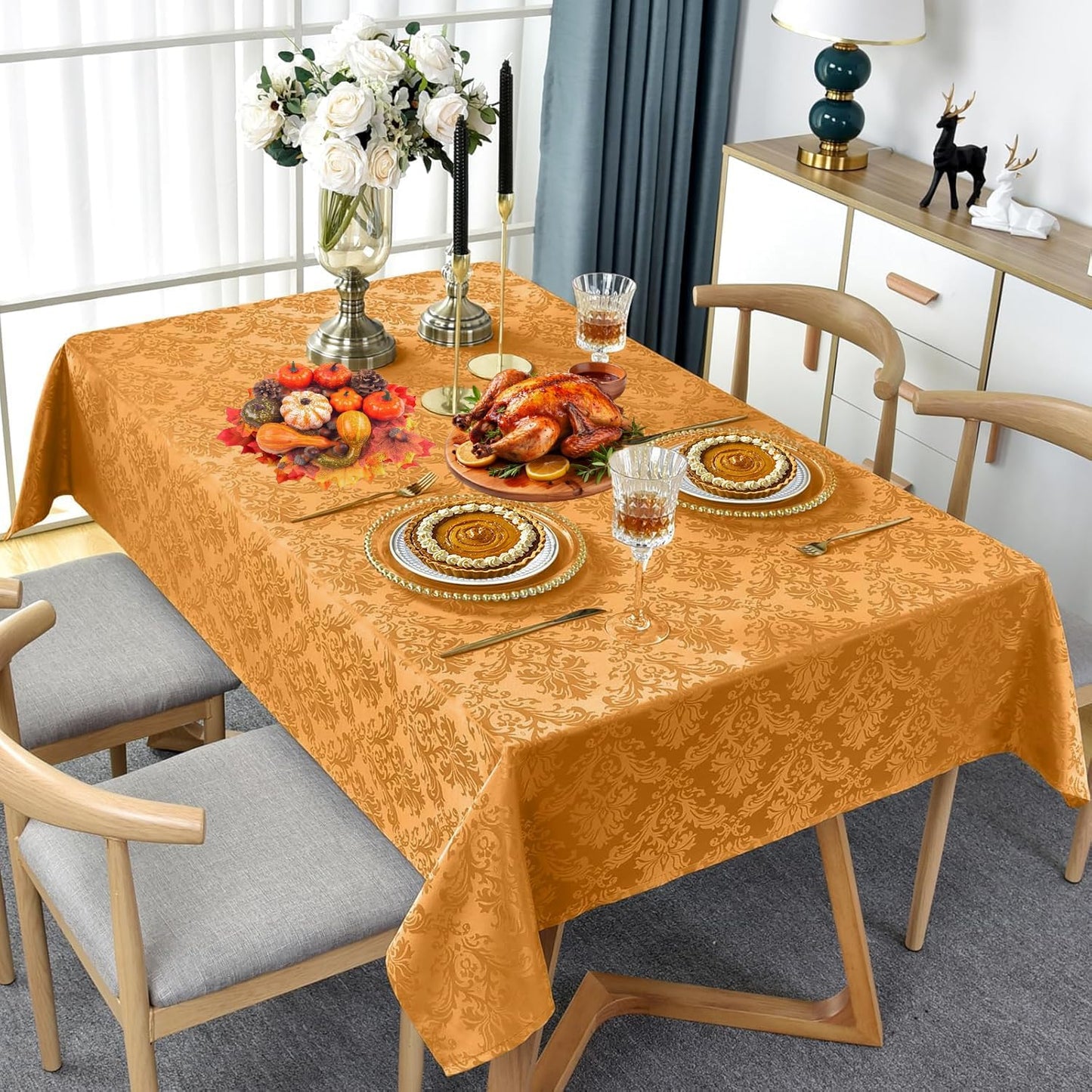 SASTYBALE Amber Rectangle Jacquard Tablecloth, Spill Wrinkle Proof Damask Table Cloth for Rectangle Tables, Rectangular Harvest Fall Inddor Outdoor Tablecloths, 60x 102 Inch Amber