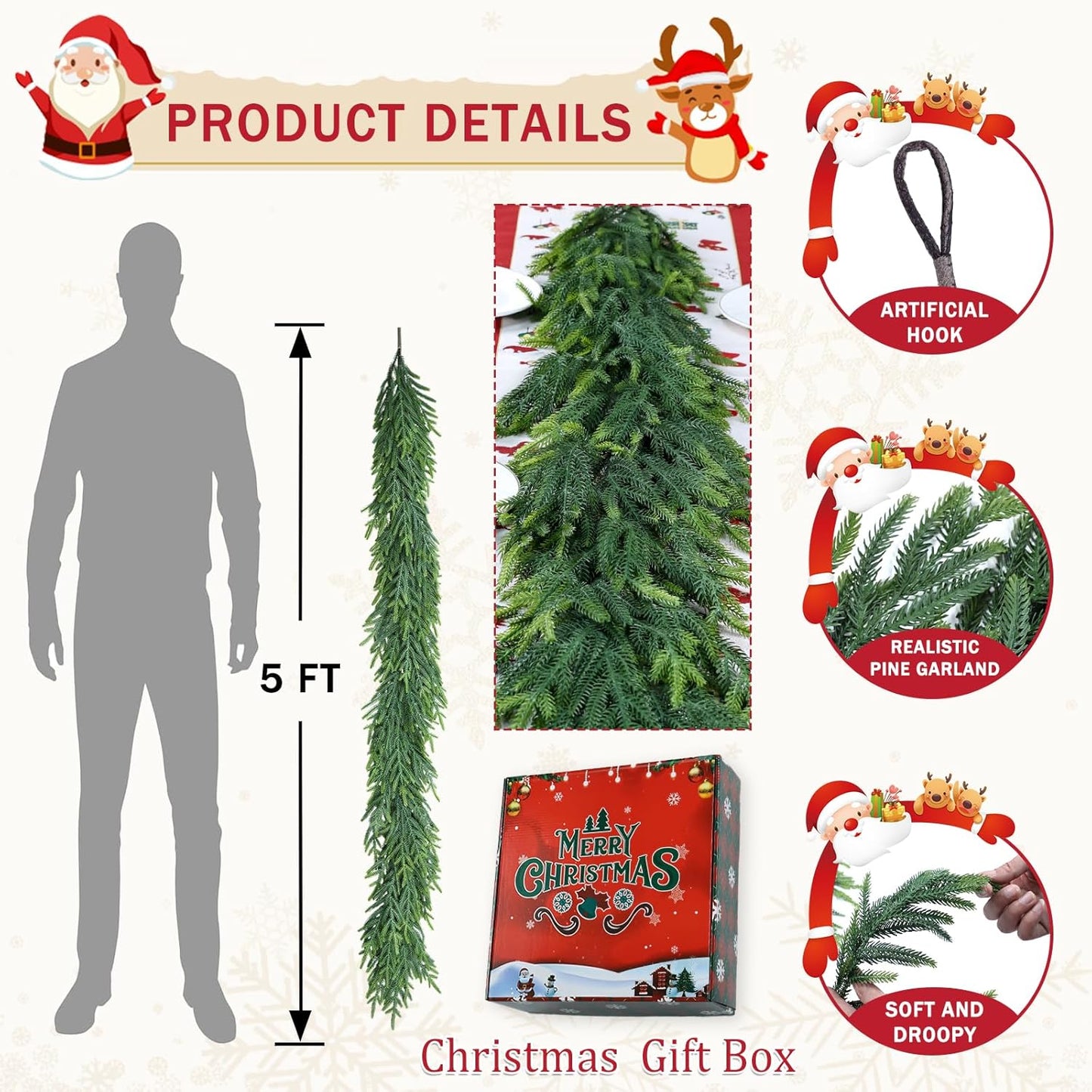 Christmas Cedar Garland for Staircase Real Touch Droopy Bendable Lifelike Faux Xmas Garlands for Decoration Christmas Green Pine Mantle Garland Thanksgiving Table Decorations Outdoor Indoor 5ft