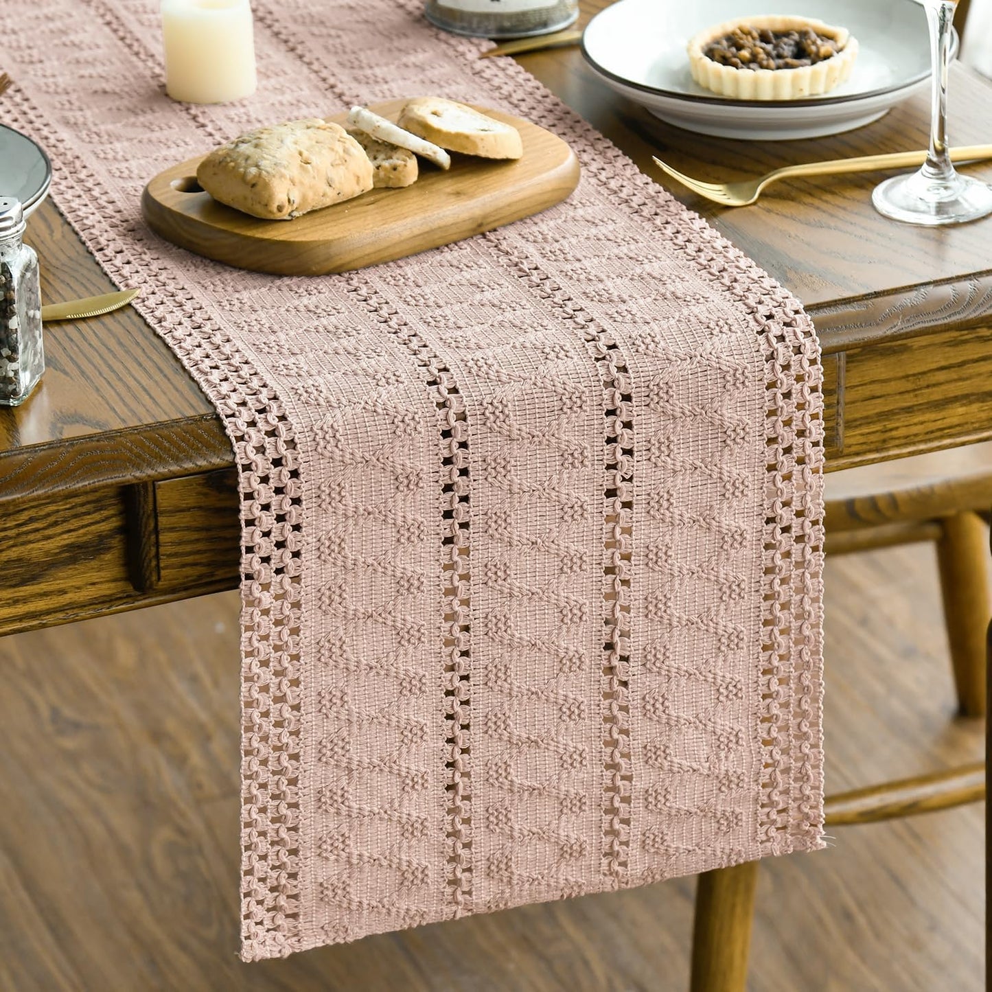 Artoid Mode Pink Farmhouse Woven Rustic Hollow Table Runner, Seasonal Holiday Kitchen Dining Table Decoration for Home Party Decor 12x36 Inch