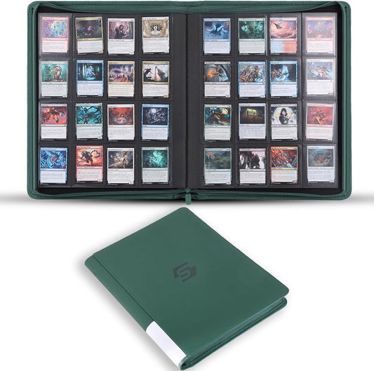 Snekdy premium 1024-pocket trading card binder, 16-pocket cards album, waterproof PU-leather Cover album with side loading, holds gaming, baseball, basketball & sports cards Green