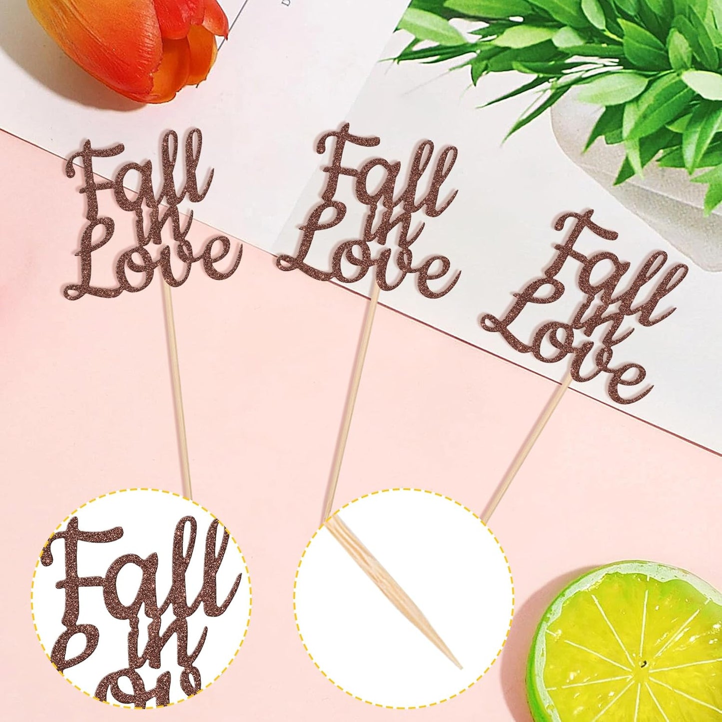 24 PCS Fall in Love Cupcake Toppers Glitter Fall Theme Party Cupcake Picks Bridal Shower Cupcake Decorations for Autumn Wedding Engagement Anniversary Birthday Party Cake Decorations Supplies Brown