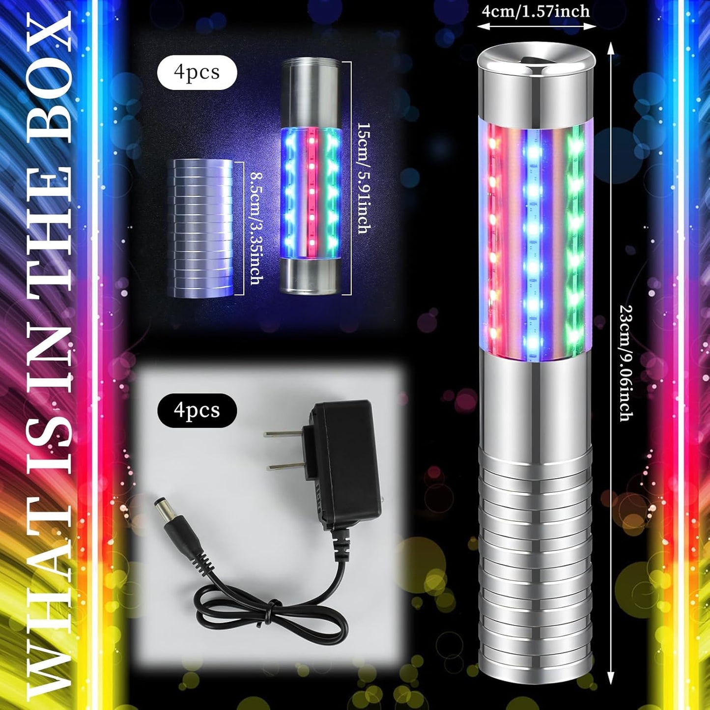 4 Pieces RGB LED Strobe Baton Light Rechargeable Bottle Service Sparklers Stick Reusable Champagne Bottle Handheld LED for Club Stage Nightclub Party Concert Event Bar Outdoor - Silver