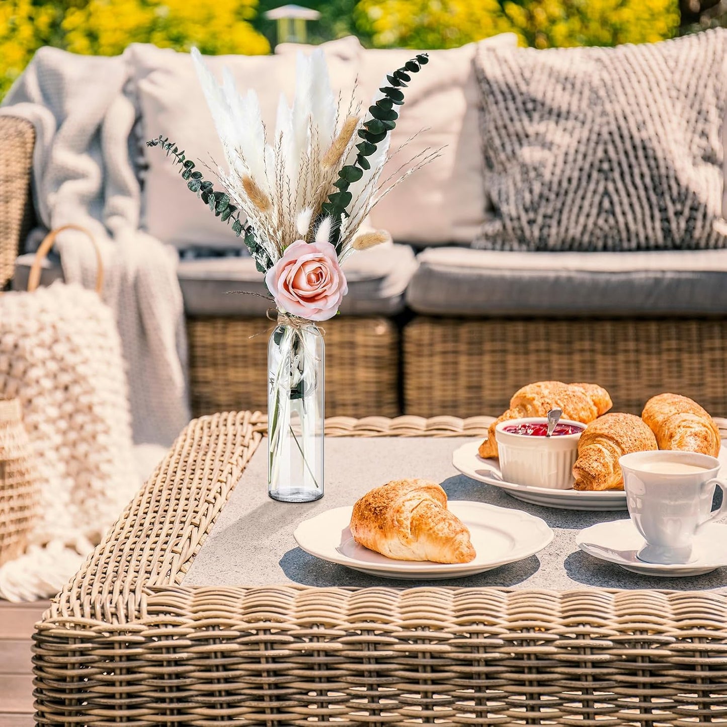 10 Set Dried Pampas Grass Centerpiece for Wedding 10 Clear Glass Jars 10 Artificial Roses 80 Dried Pampas Grass with Rope for Baby Shower Rustic Bridal Party Farmhouse Decoration(Pink)