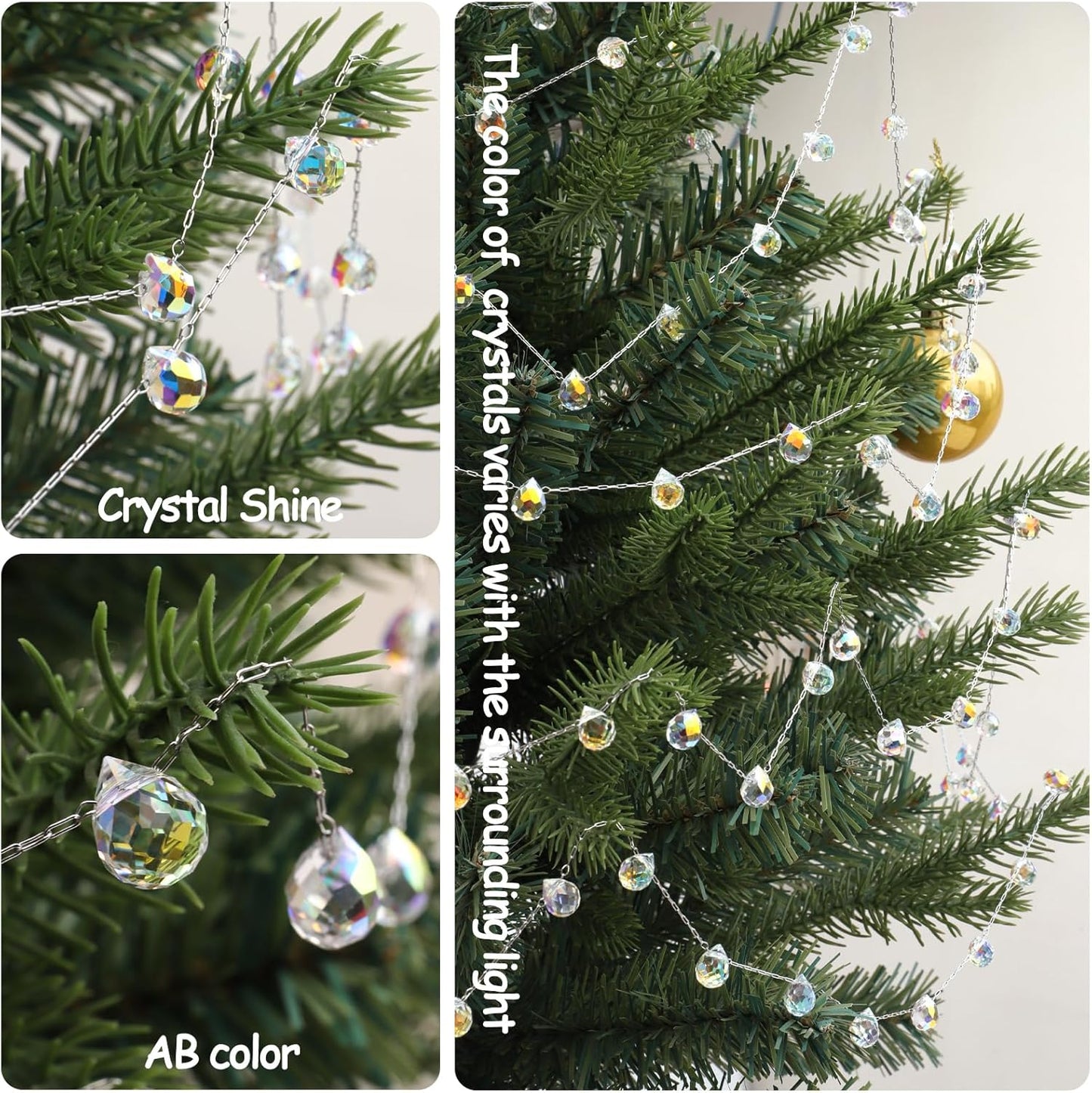 Christmas Garland, 9.8Ft Crystal Glass Beads Strands, 100pcs 10mm Faceted Waterdrop Glass Beads Hanging Ornament for Christmas Tree Centerpieces Wedding Party Decorations (Crystal AB)