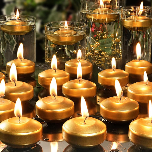 2 inch Gold Floating Candles, 48 Pack Unscented Floating Candles for Centerpieces,5-6 Hours Water Activated Candle Bulk for Cylinder Vases Wedding Pool