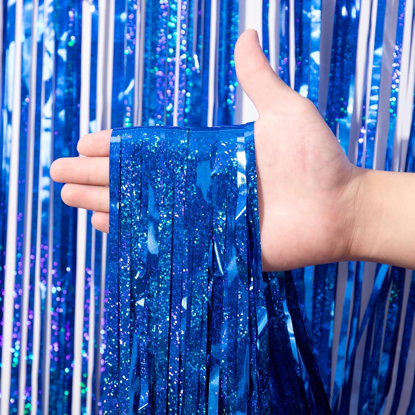 3 Pack 3.3 x 8.2 ft Laser Blue Foil Fringe Backdrop Curtains, Tinsel Streamers Birthday Party Decorations, Fringe Backdrop for Graduation, Baby Shower, Gender Reveal, Disco Party