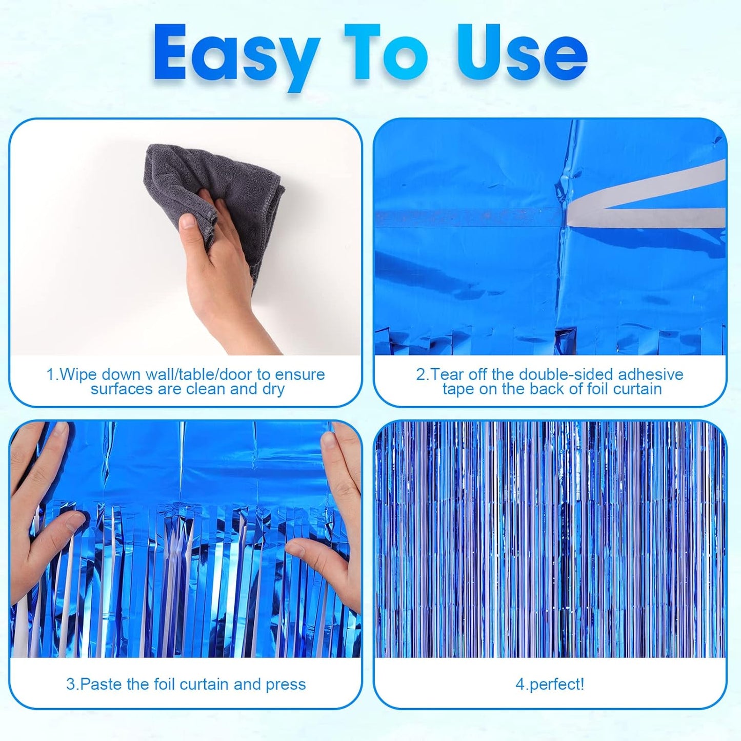 2 Pack Blue Foil Fringe Backdrop Curtains, Tinsel Streamers Party Decorations, Fringe Backdrop for Graduation, Disco Party