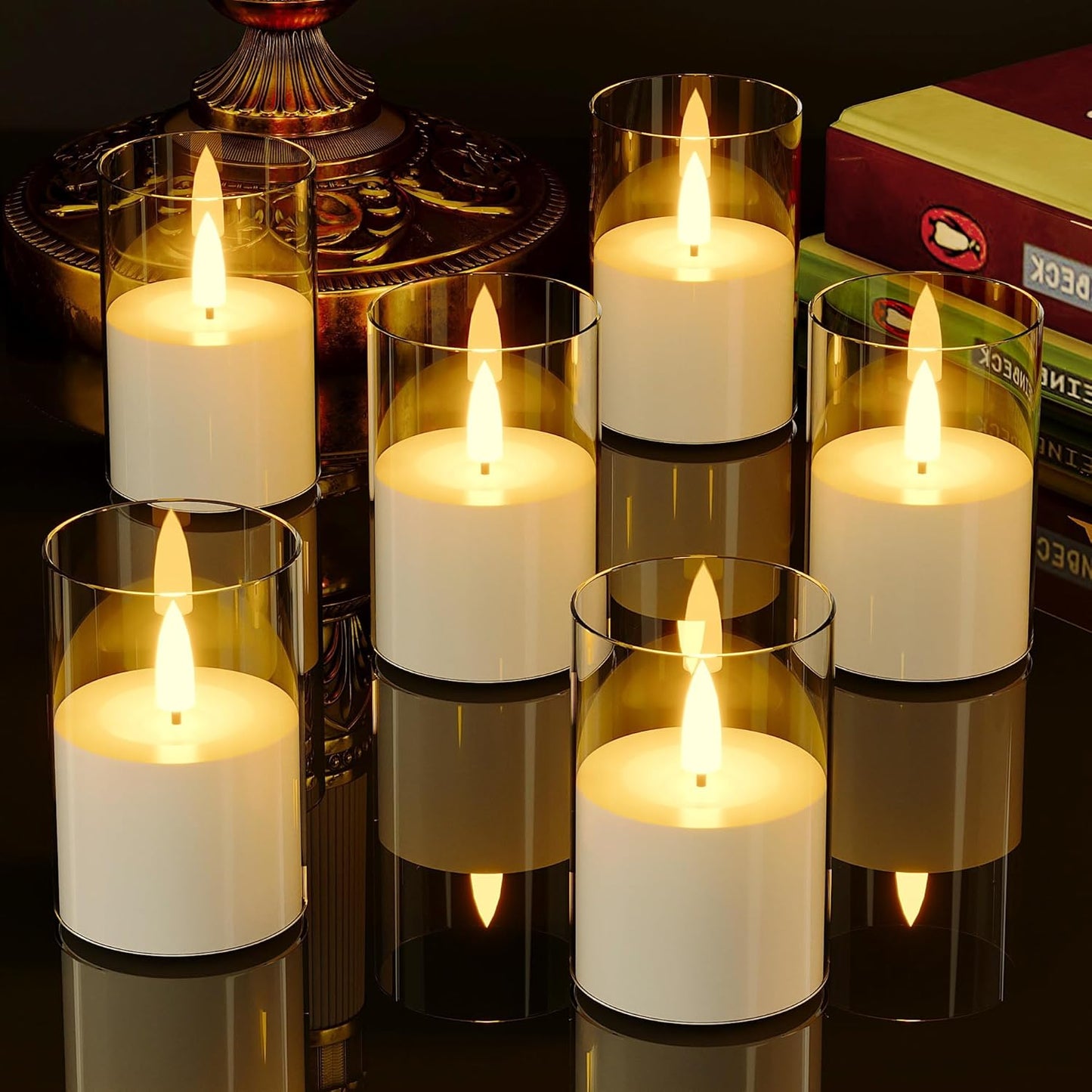 6Pack Flickering Flameless LED Candles with Timer, Battery Powered - Small Pillar & Votive, Clear (2"X3")