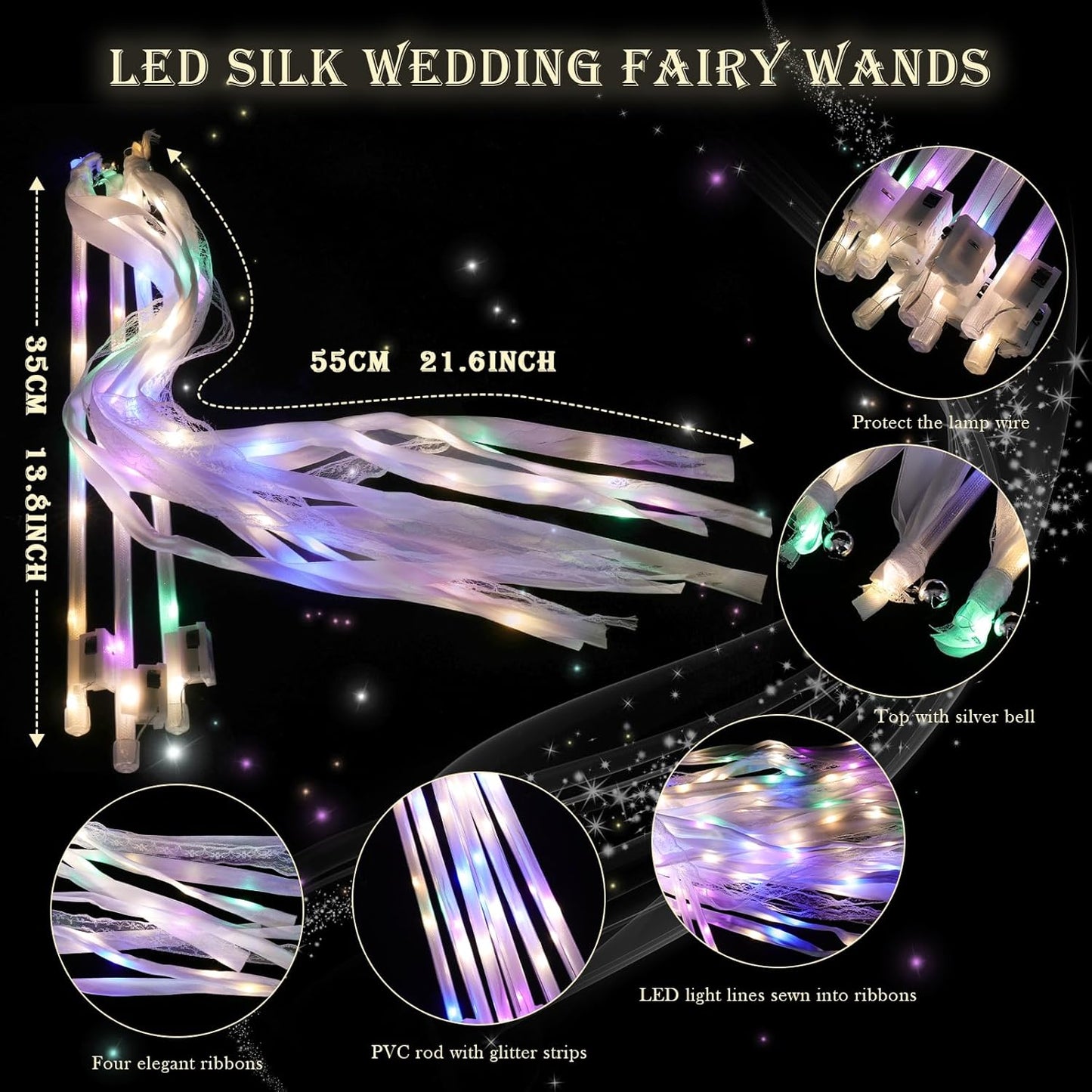 100 Pieces Light up Wedding Wands with Ribbons & Bells –LED Silk Wedd Fairy Wands Streamers with Warm White & Colorful Lights for Wedding Send Off Ideas, Parties, and Celebrations