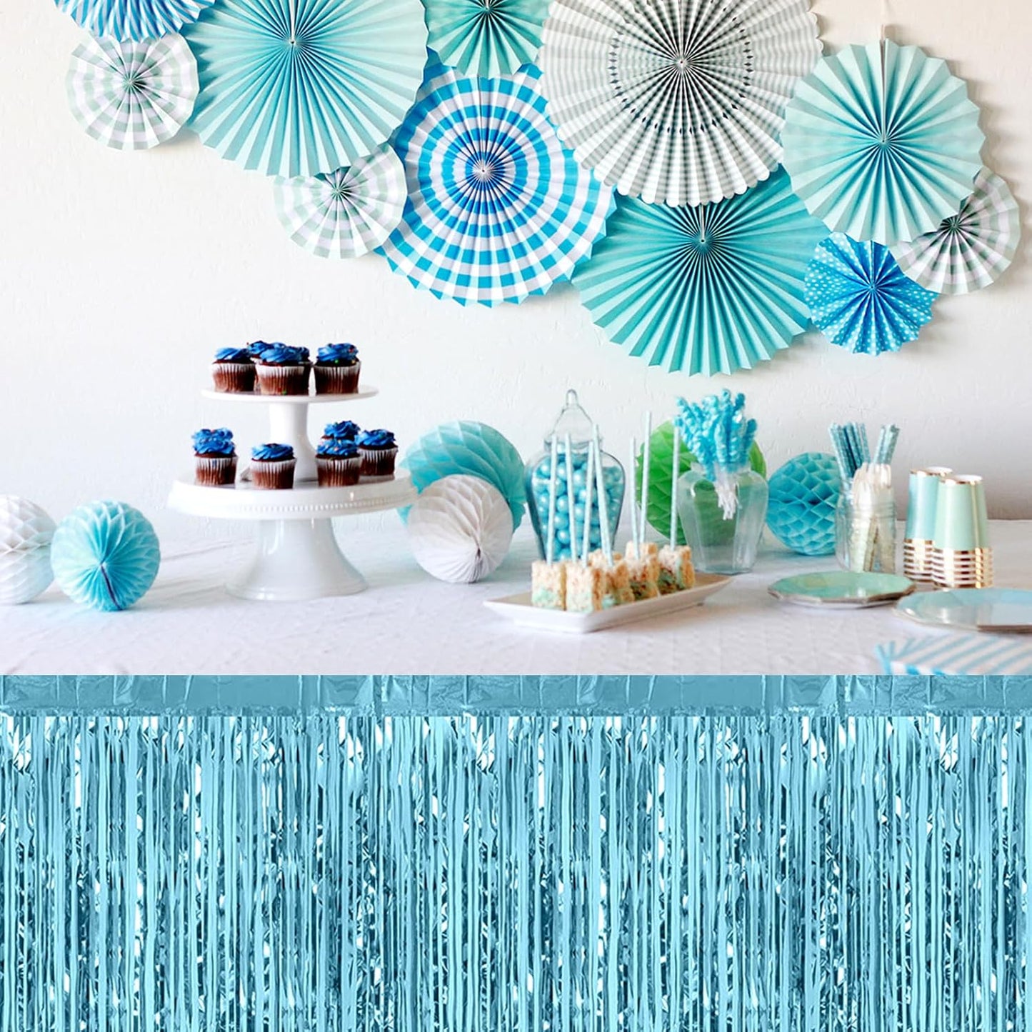 3 Pack 29 x108 Inch Light Blue Foil Fringe Table Skirts Metallic Banner for Tinsel Streamer Garland Backdrop for Parade Floats Wedding Thanksgiving Birthday Christmas New Year Party Decoration