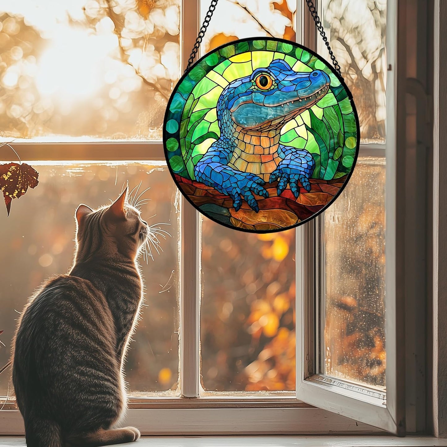 Stained Glass Window Hanging, Blue Alligator Sun Catcher for Window Door Home Decor Green Brown Suncatcher Christmas Mother's Day Birthday Gifts for Women Men Mom and Nana 11.8 in