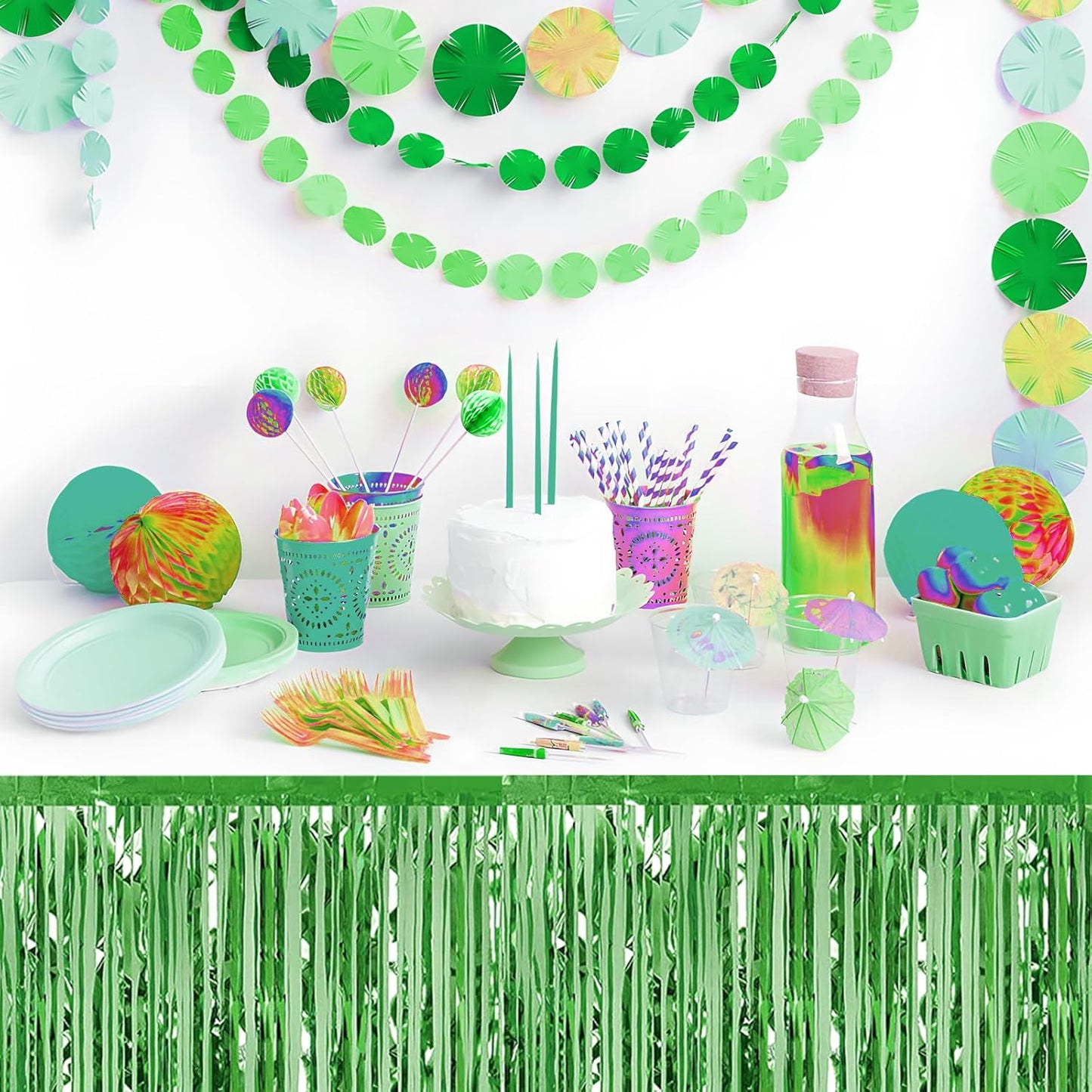 3 Pack 29x108 Inch Light Green Foil Fringe Table Skirts Metallic Banner for Tinsel Streamer Garland Backdrop for Parade Floats Wedding Thanksgiving Birthday Christmas Halloween Party Decoration