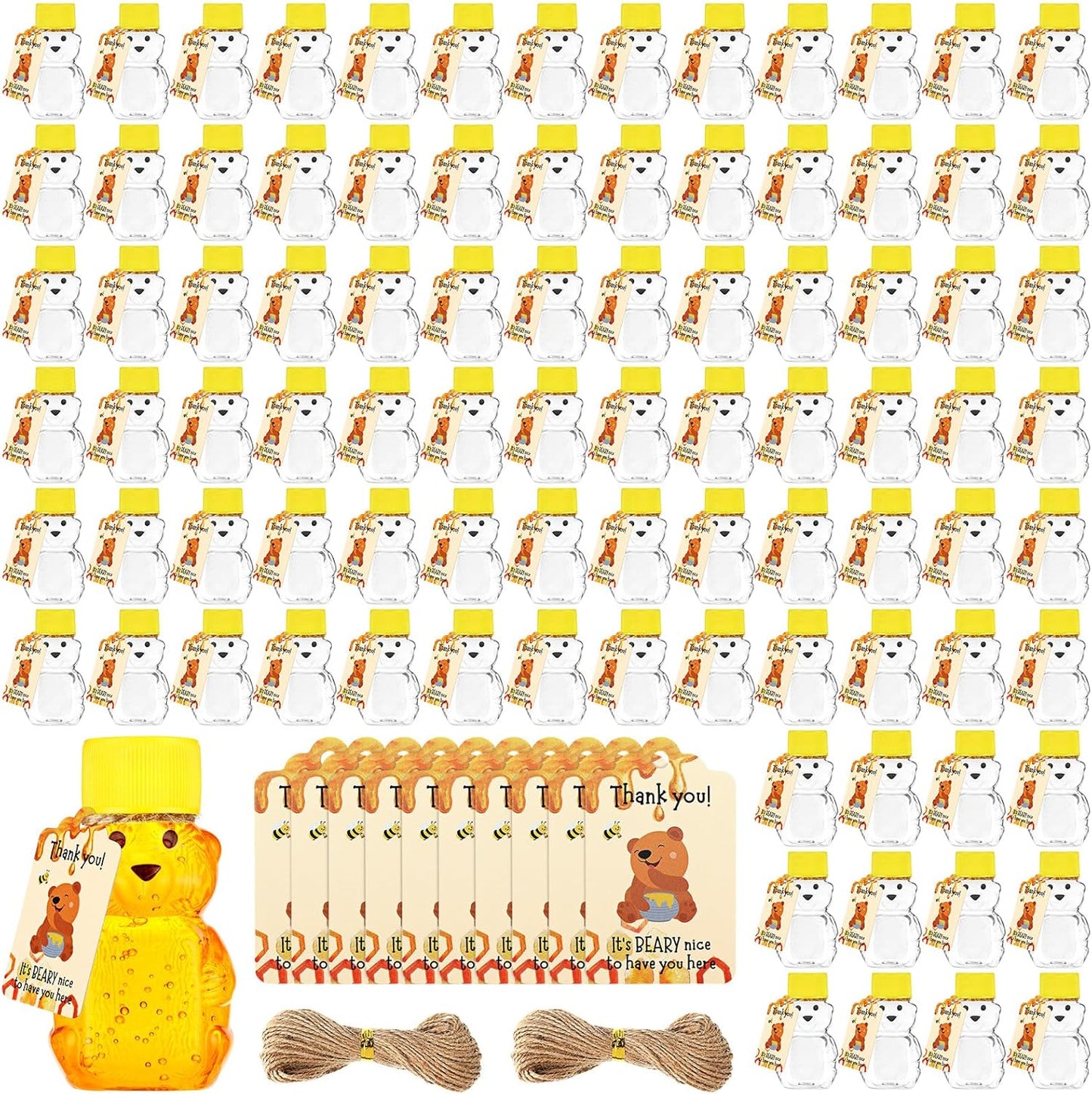 96 Sets 2 oz Plastic Honey Bear Bottle Bear Shape Clear Empty Honey Jar 96 Tags 2 Rolls Jute Rope Honey Containers Empty Honey Dispenser for Baby Shower Party Favors Gifts (Yellow Lid)