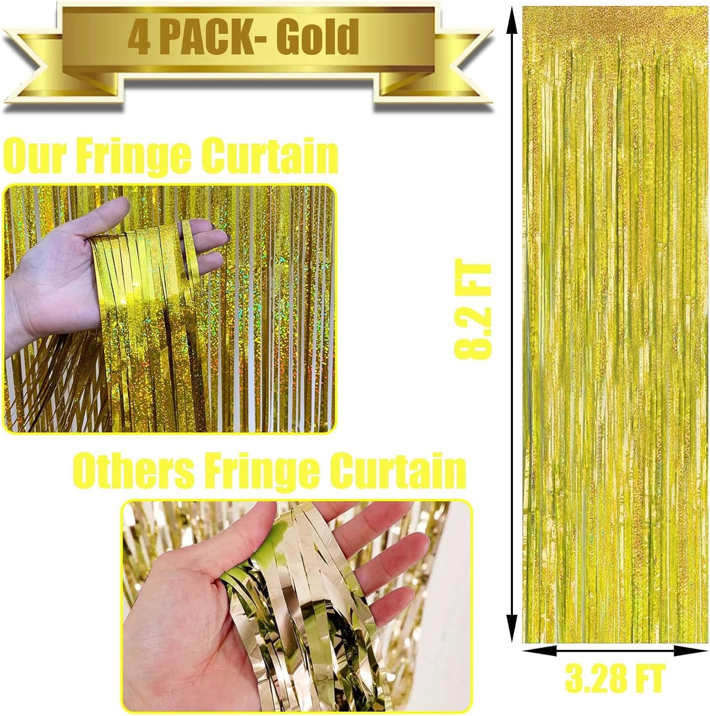 4 Pack Gold Tinsel Foil Fringe Curtain Backdrop, 3.28Ft x 8.2Ft Metallic Streamers for Photo Booth Props Wedding Bridal Shower Bachelorette Birthday Halloween Christmas Party Decoration
