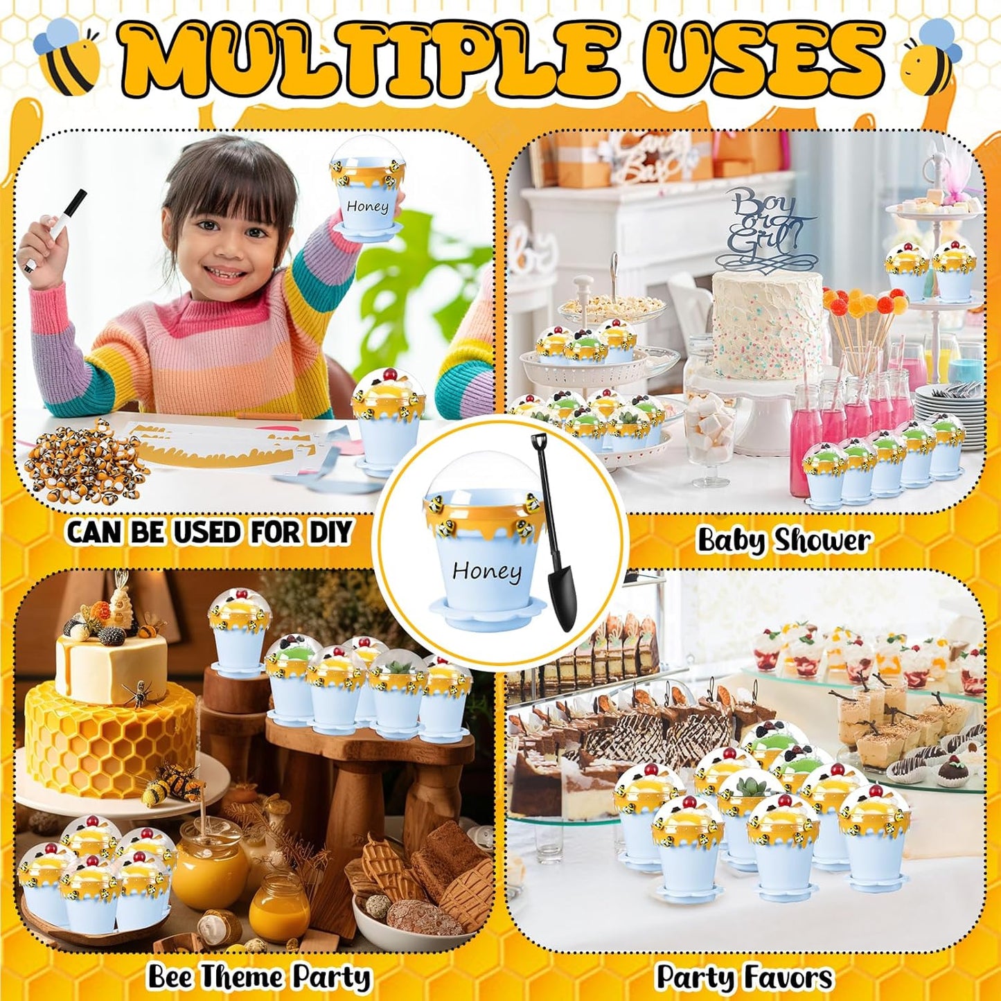 30 Sets Mini Honey Bee Pots with Lids, Spoon, Saucers and Bee Charms, 6.76 OZ Plastic Honey Jars for Cupcake Dessert Themed Party Favor Planter Baby Shower Birthday Wedding Decoration (Blue)